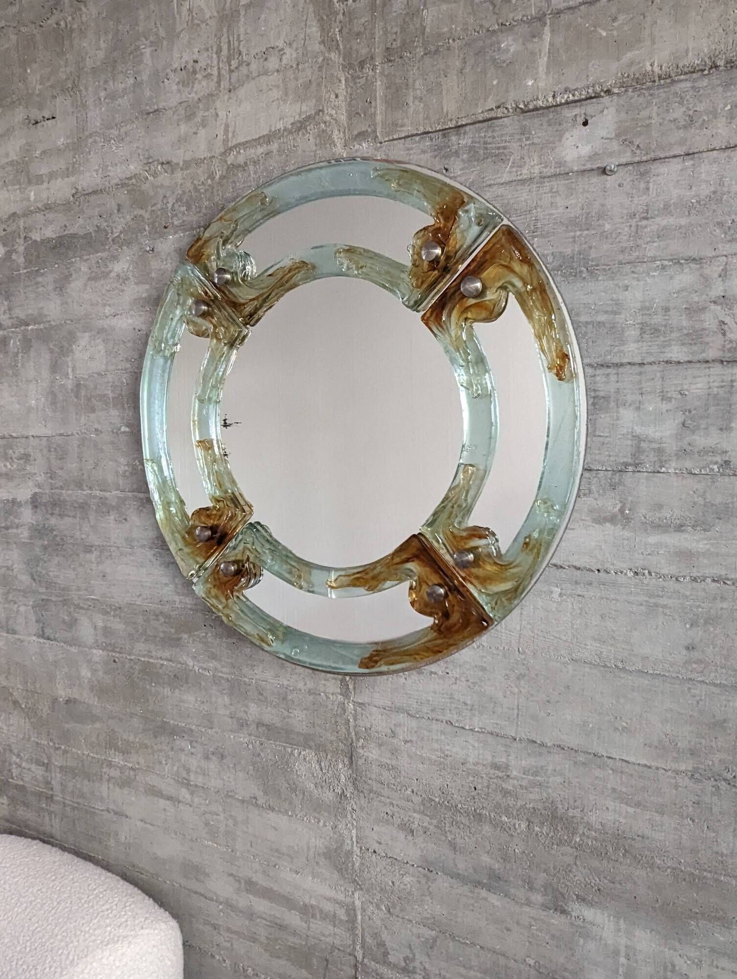 Venetian round mirror in amber murano glass by Mazzega 1960s
