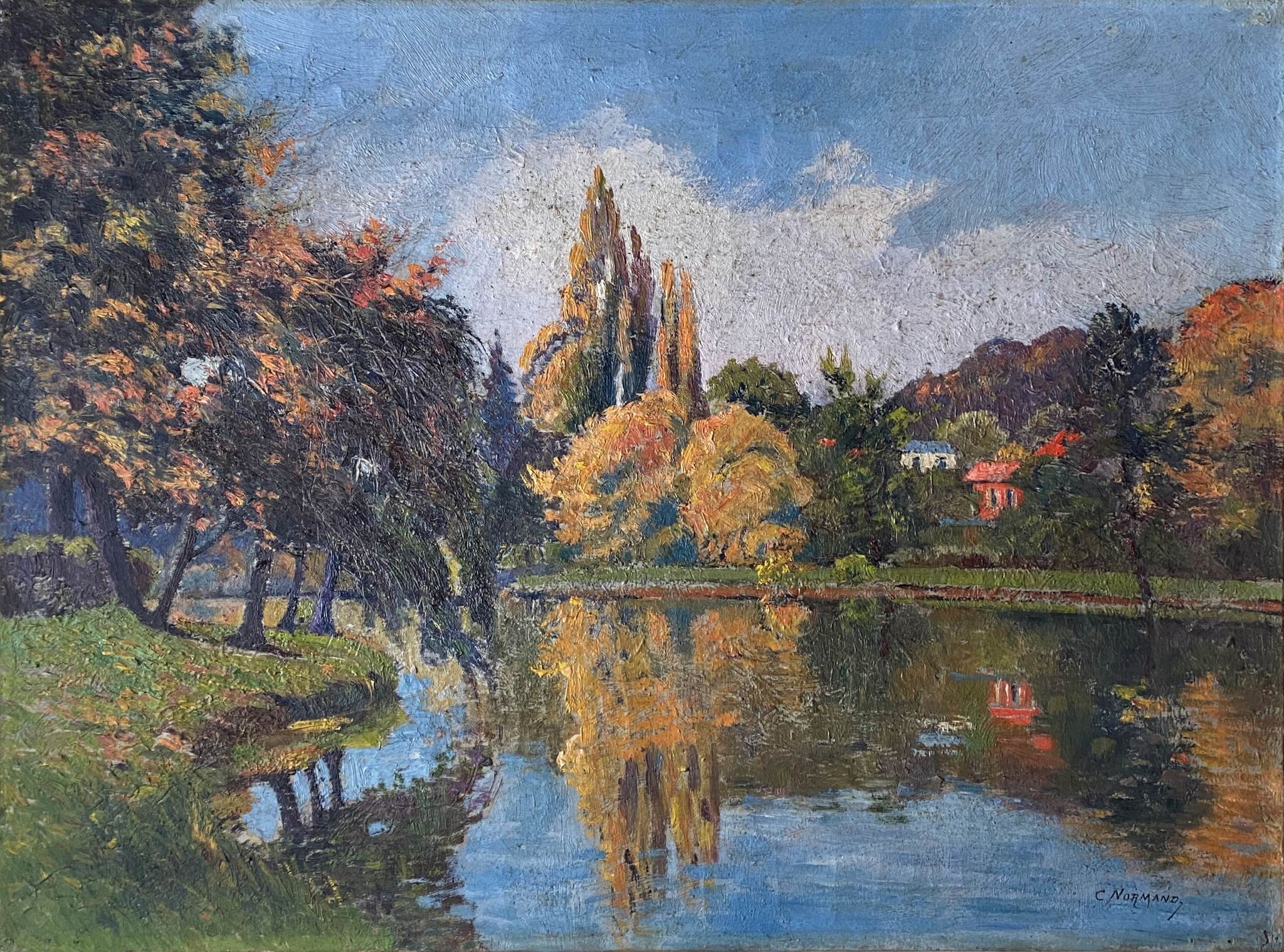 Tableau HST "Maison rouge en bord de rivière" signé C. Normand début XX°