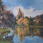 Tableau HST "Maison rouge en bord de rivière" signé C. Normand début XX°