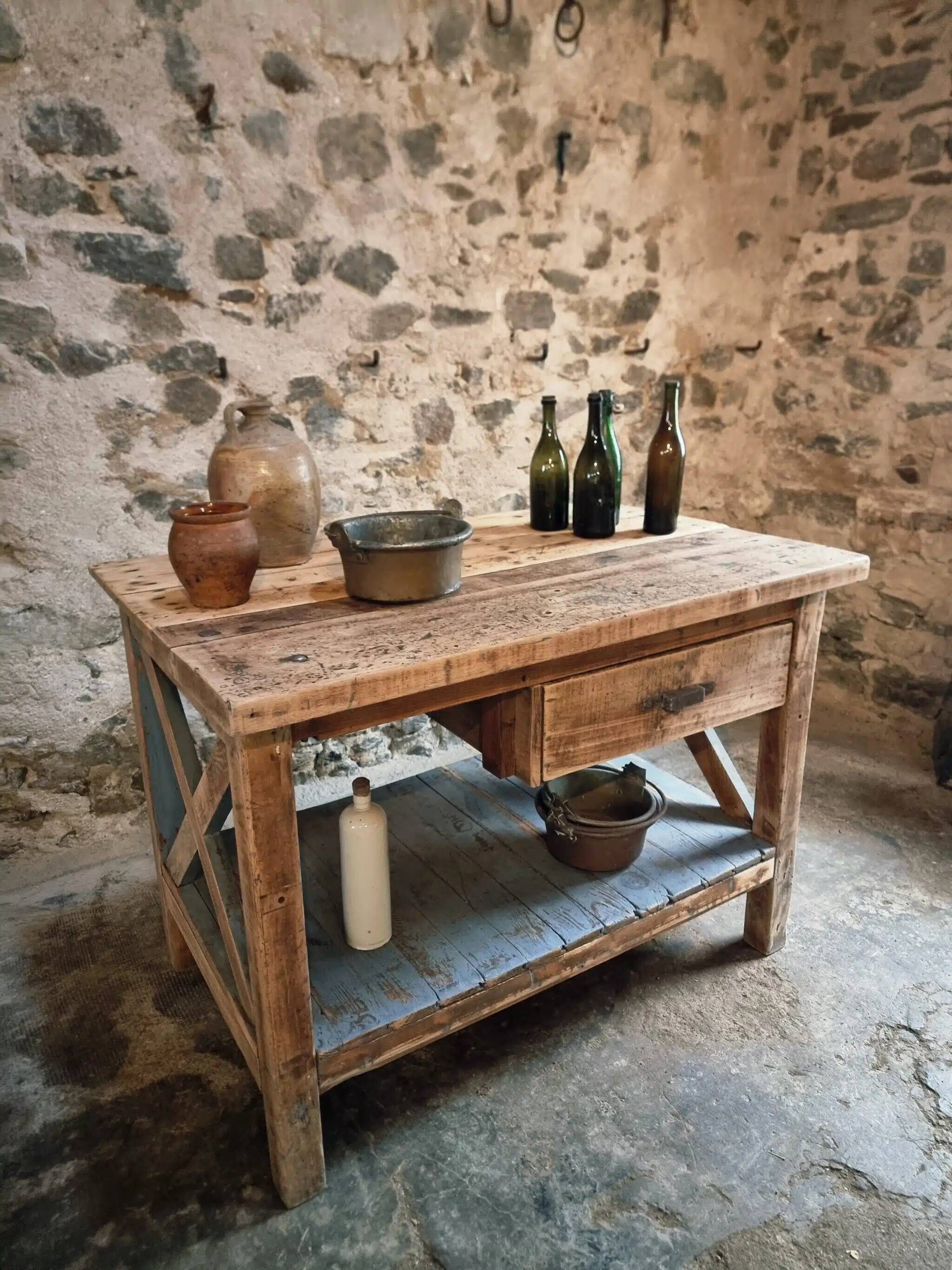 Vintage French industrial workbench – 1920s/1930s oak and pine table with drawer