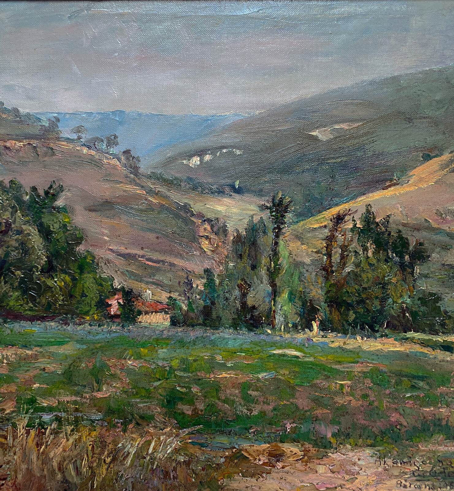 Painting "Hilly landscape" 1961 signed (to decipher) + frame