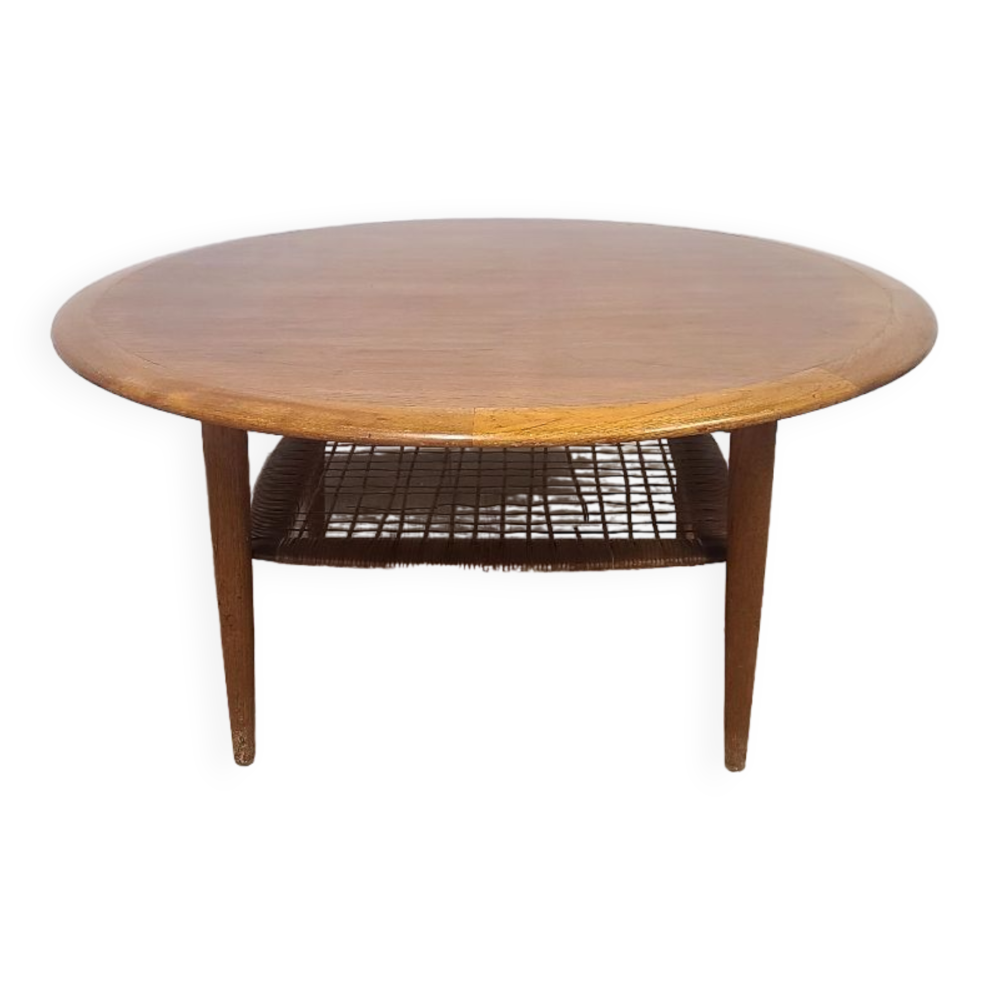 Round vintage coffee table in teak and rattan