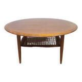 Table basse vintage ronde en teck et rotin