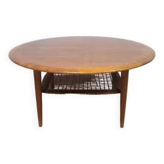 Table basse vintage ronde en teck et rotin