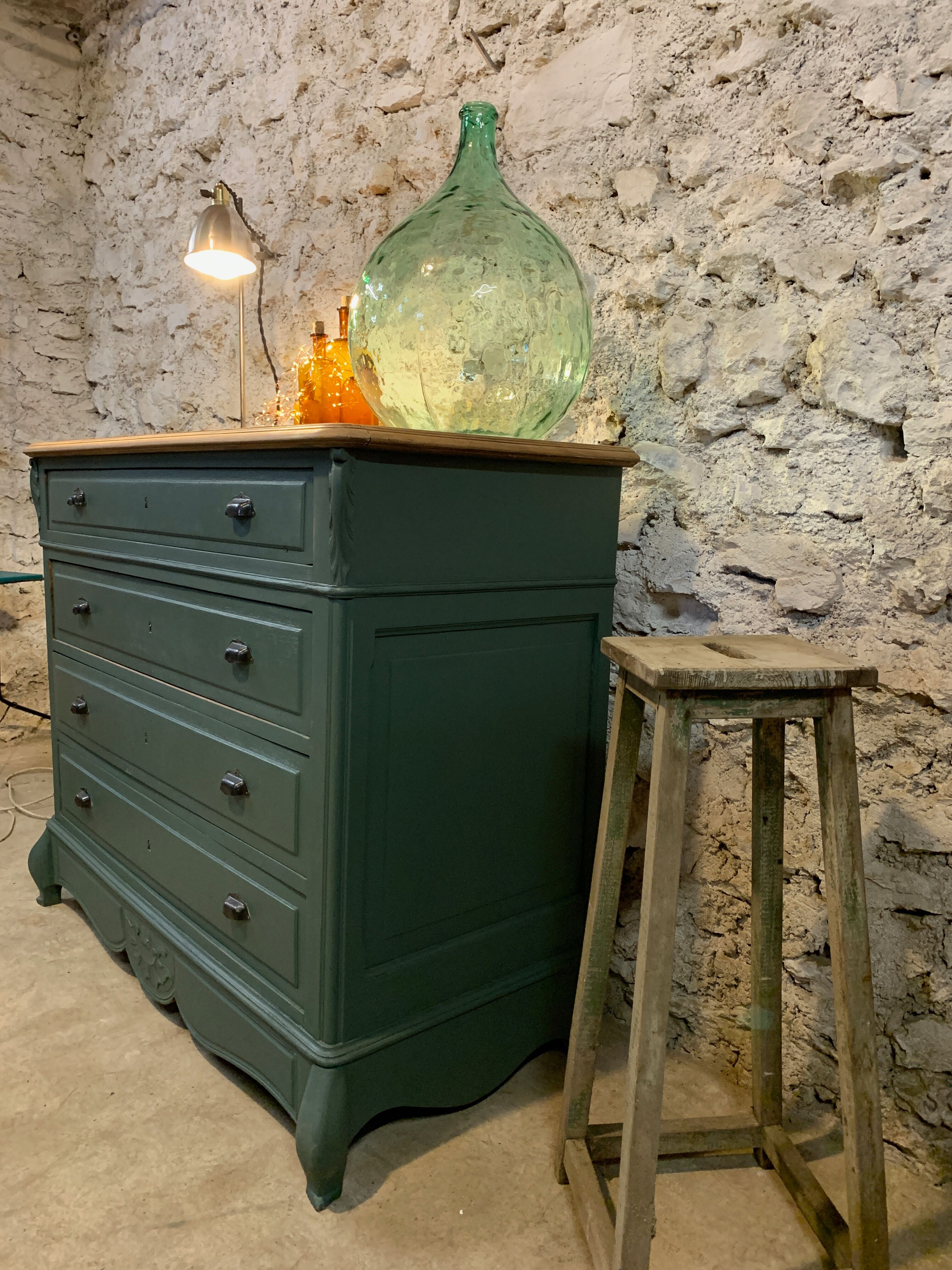 Old olive green oak chest of drawers