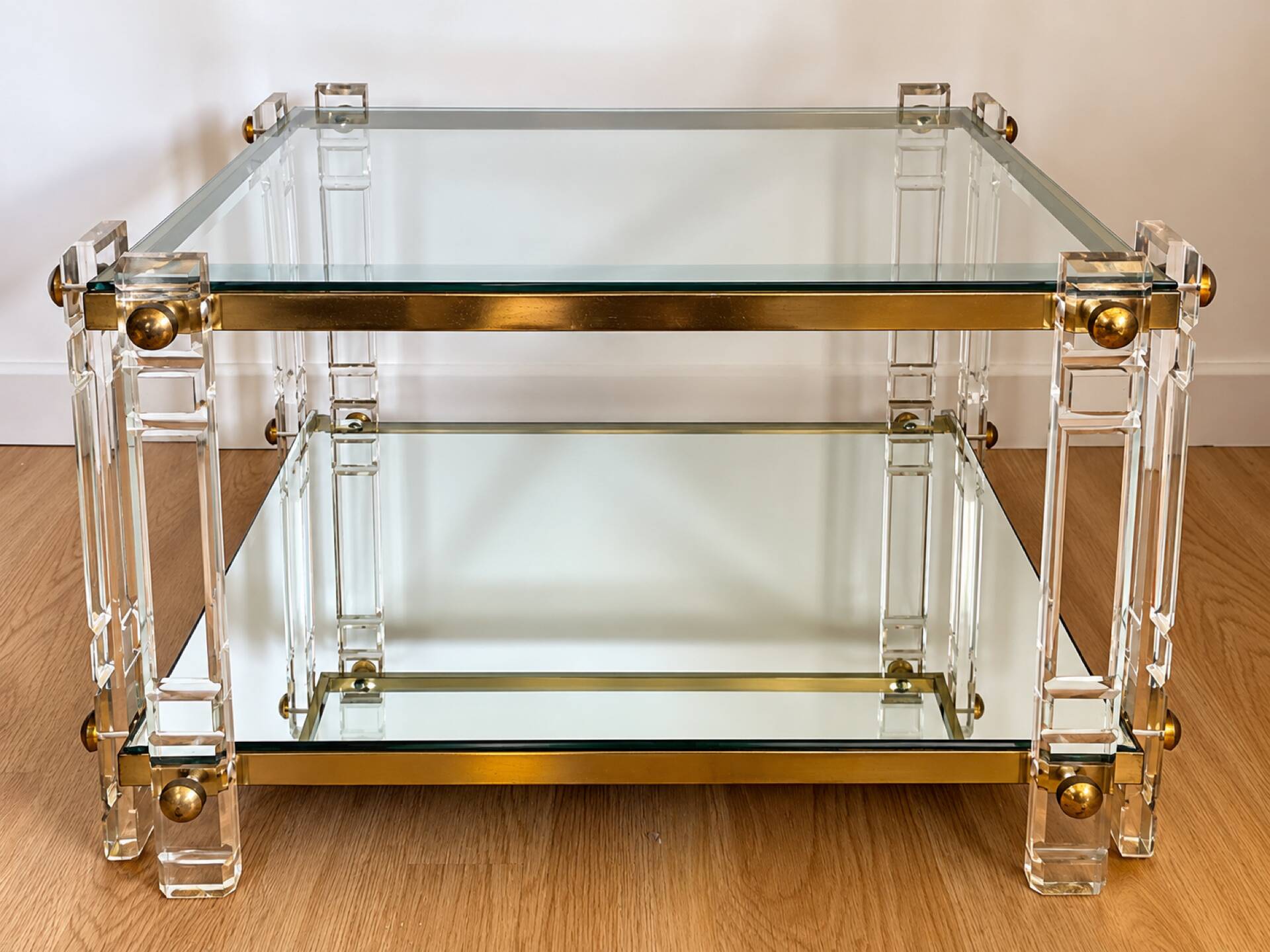 Vintage side table in plexiglass, brass, glass and mirror – years