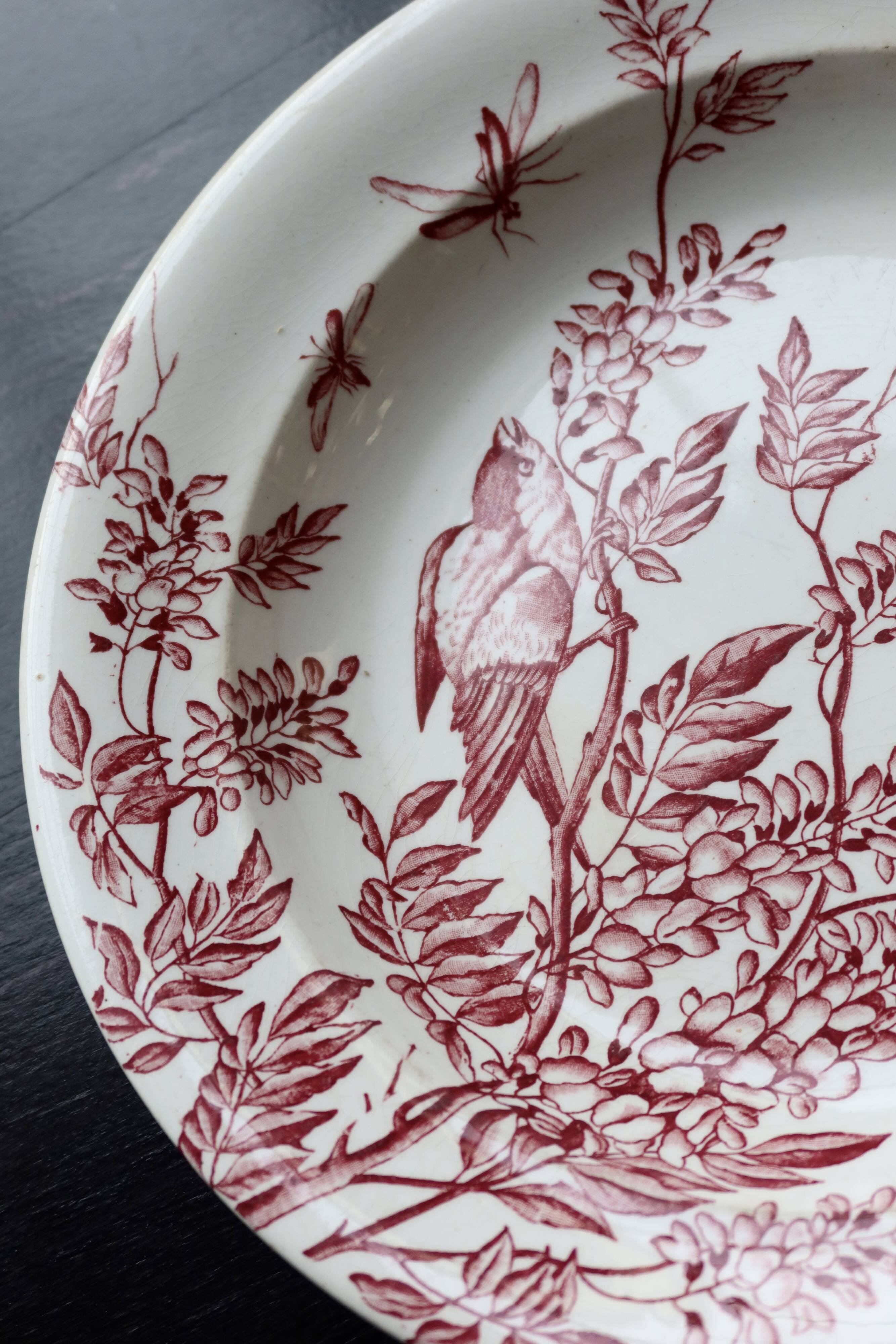 Round serving dish, old ironstone S&G - Decorated with birds and vegetation.
