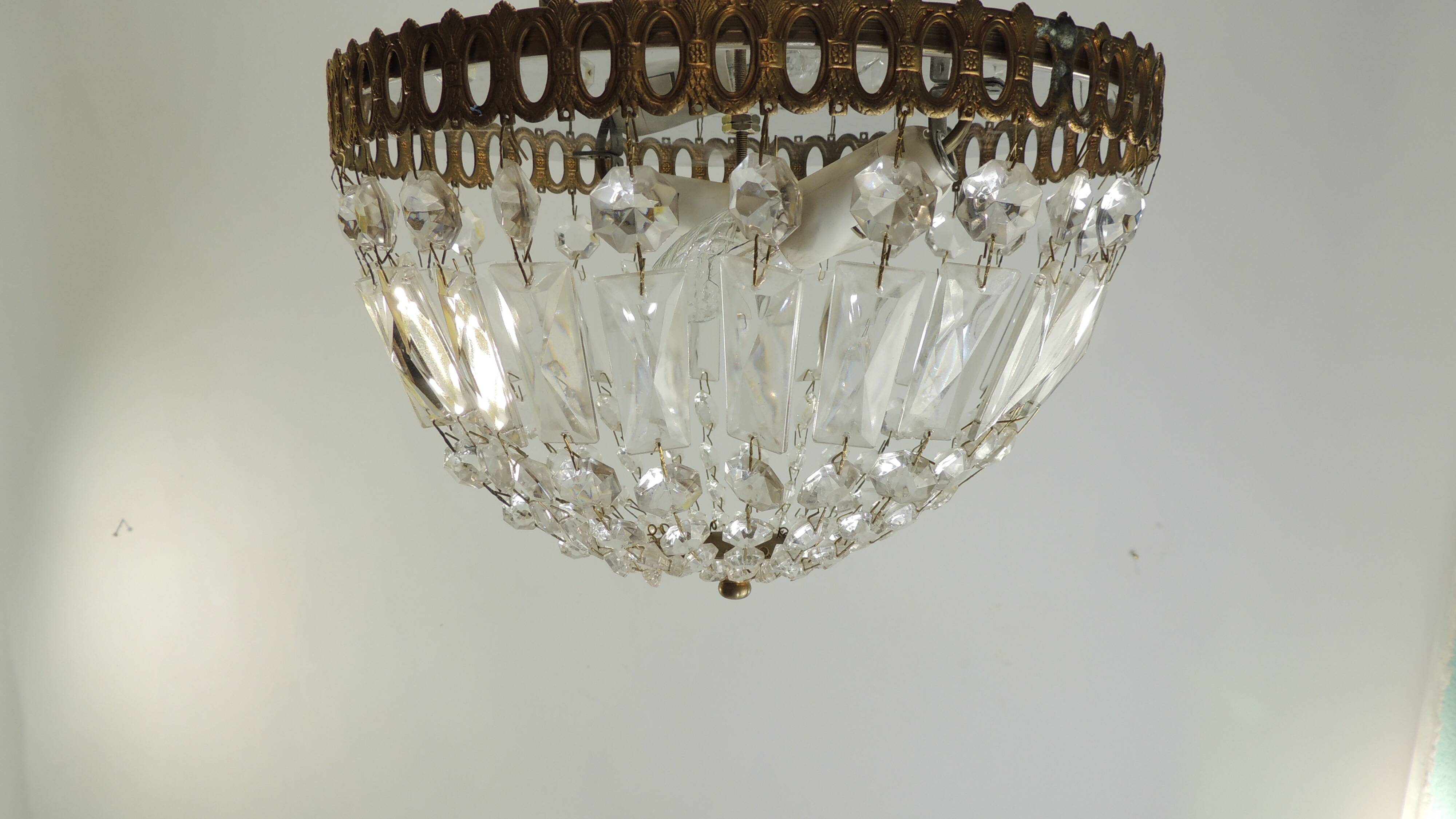 Antique crystal ceiling chandelier, Empire style, patinated gilt metal – pendant light