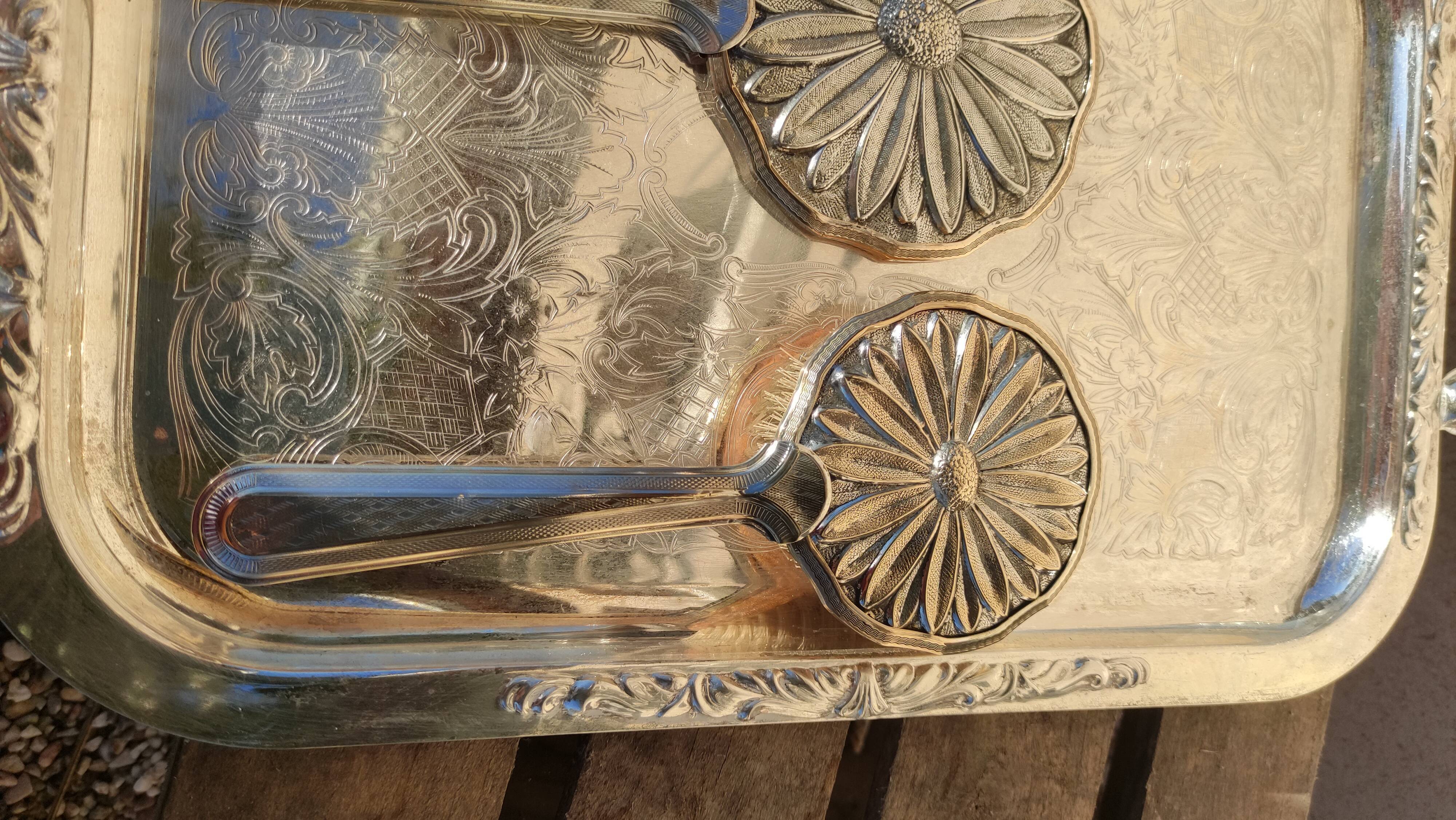 Vintage hand mirror set and silver metal brush