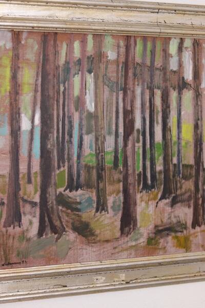 Original mid-century Swedish oil on panel – “Tree Trunks” by Harry Wichmann – dated 1953 – vintage & framed – 69 × 71 cm