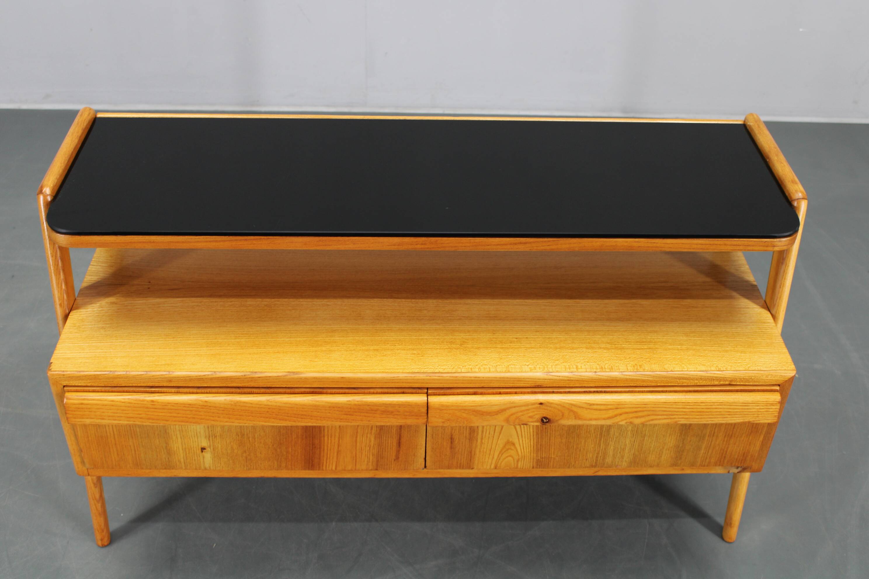 1960s Czechoslovakian Maple TV Rack with Drawers and Glass Top
