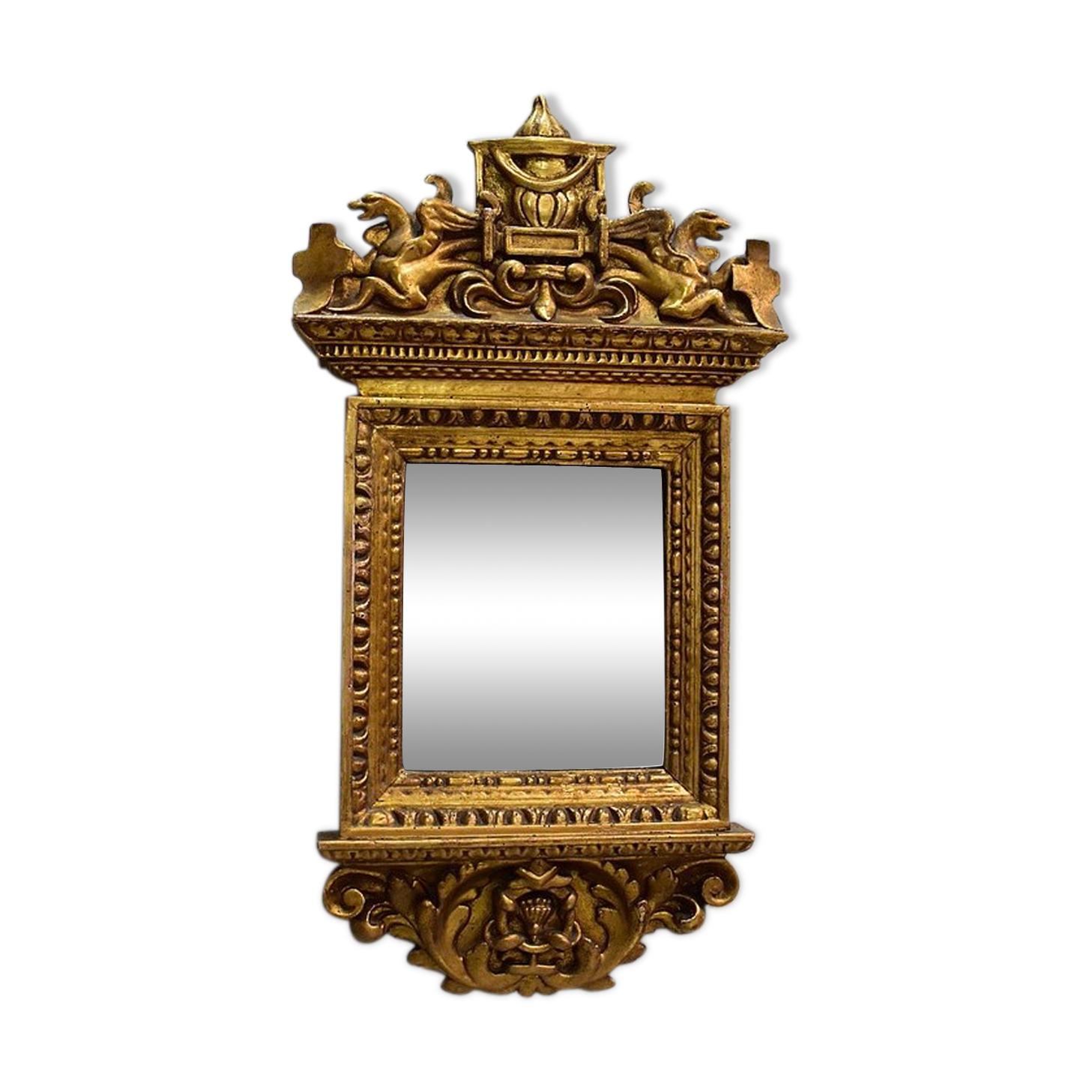 Golden Wooden Mirror with Winged Animal Decorations - Late 19th Century