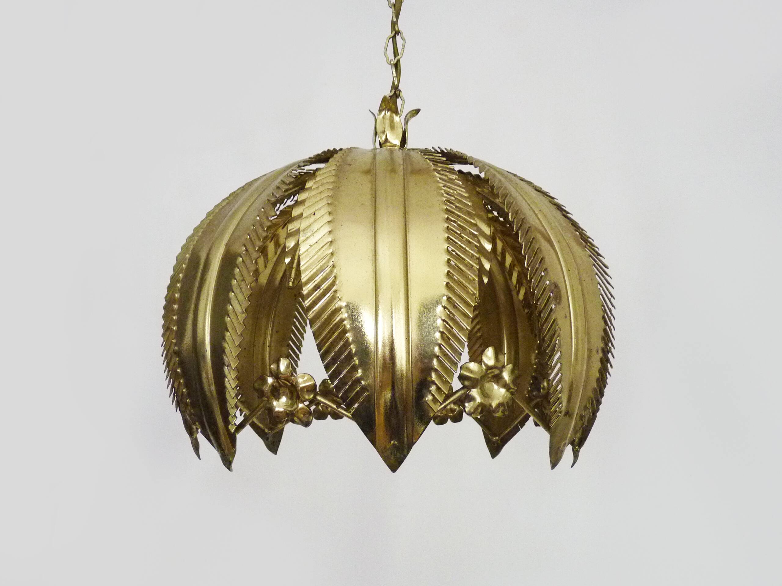 Vintage 80s gold metal palm leaf pendant light