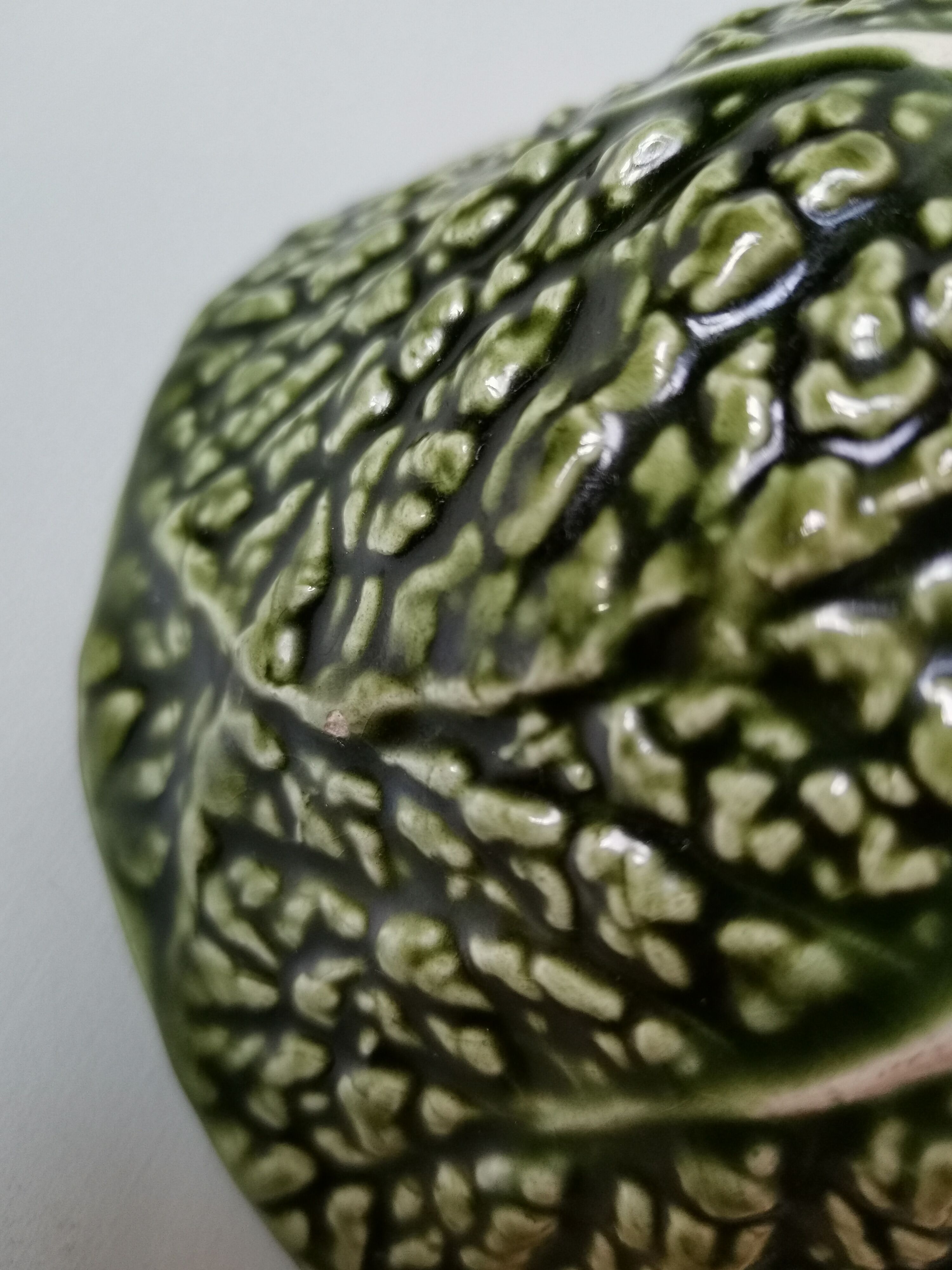 Bowl with saucer vintage slurry green Portugal cabbage leaf
