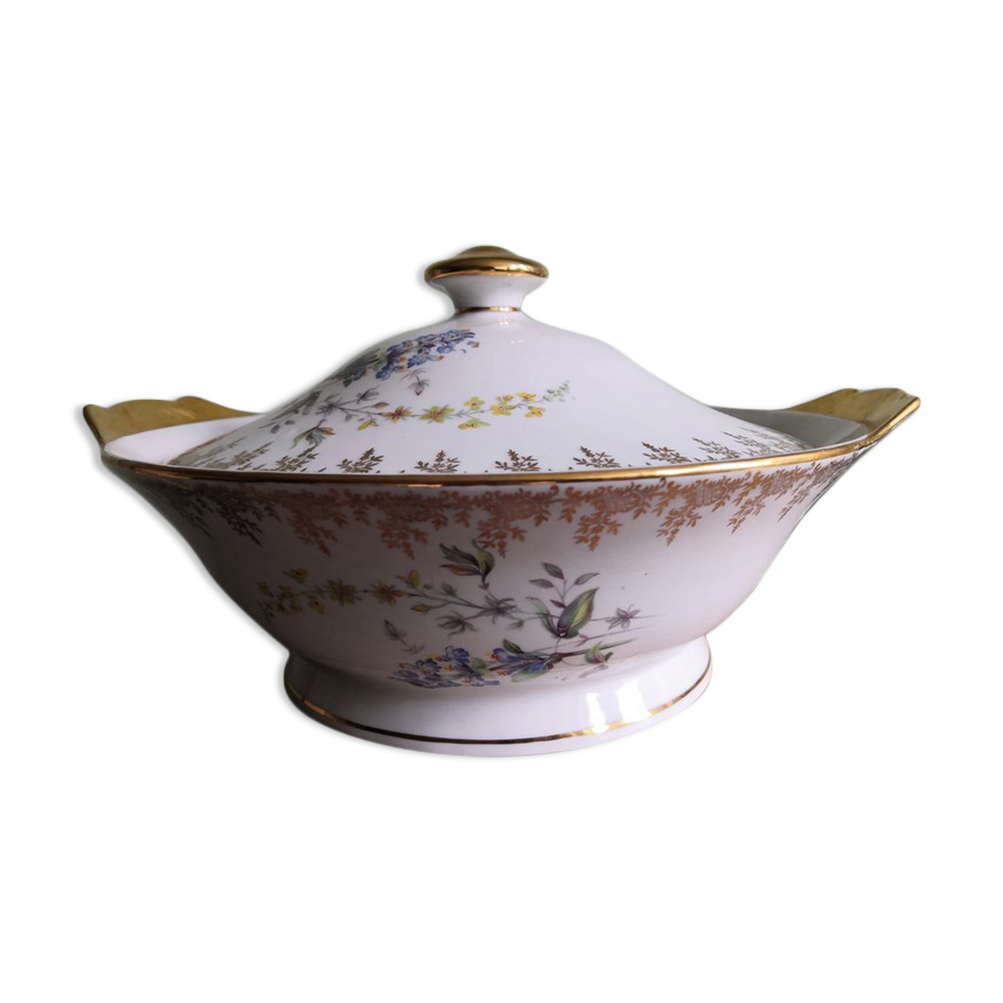 Limoges porcelain soup tureen Mehun sur Yevre Cher flower and gold decoration