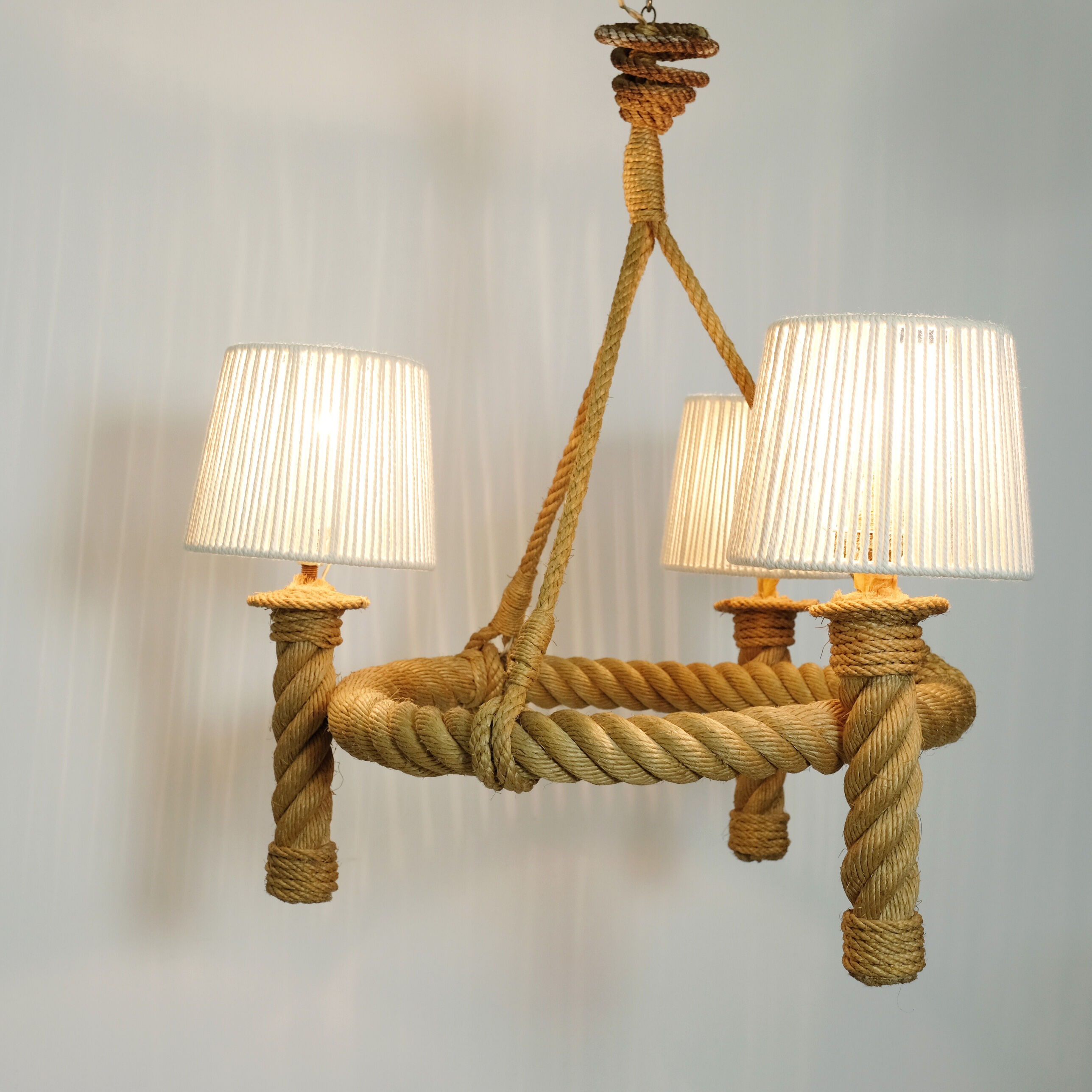 Three-light braided rope pendant light, 1950-1960.