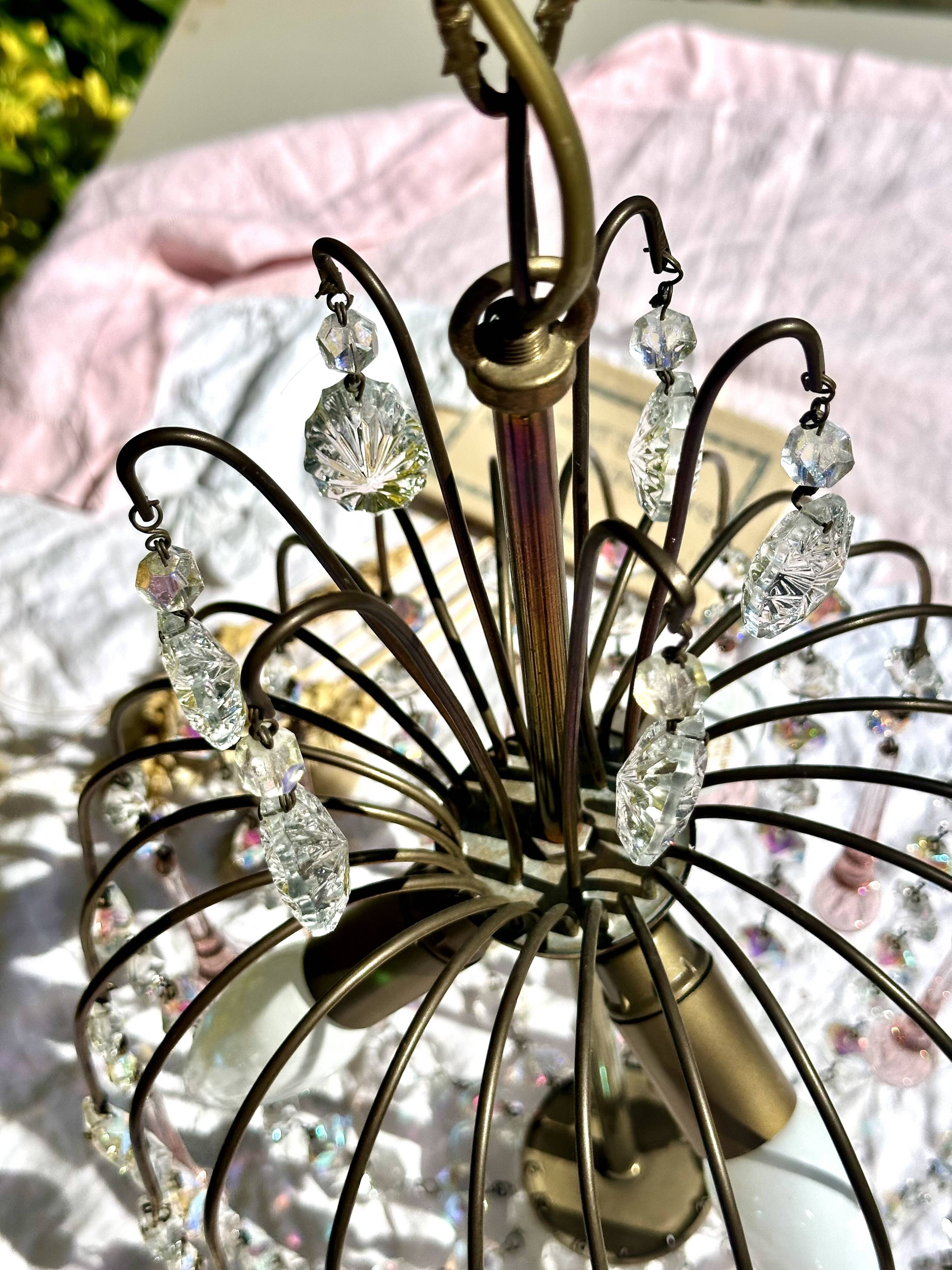 Magnificent Cascade Chandelier in Brass & Crystal Glass 1970s Vintage