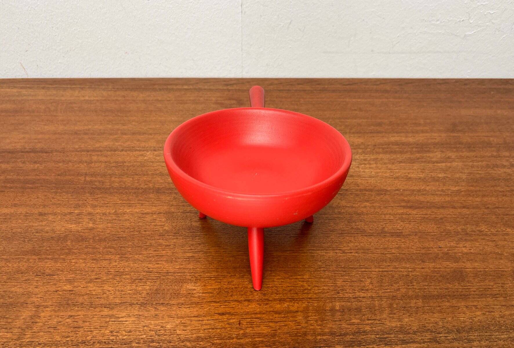 Mid-Century Modern Red Tripod Bowl in Wood from Paavo Asikainen, Finland, 1960s