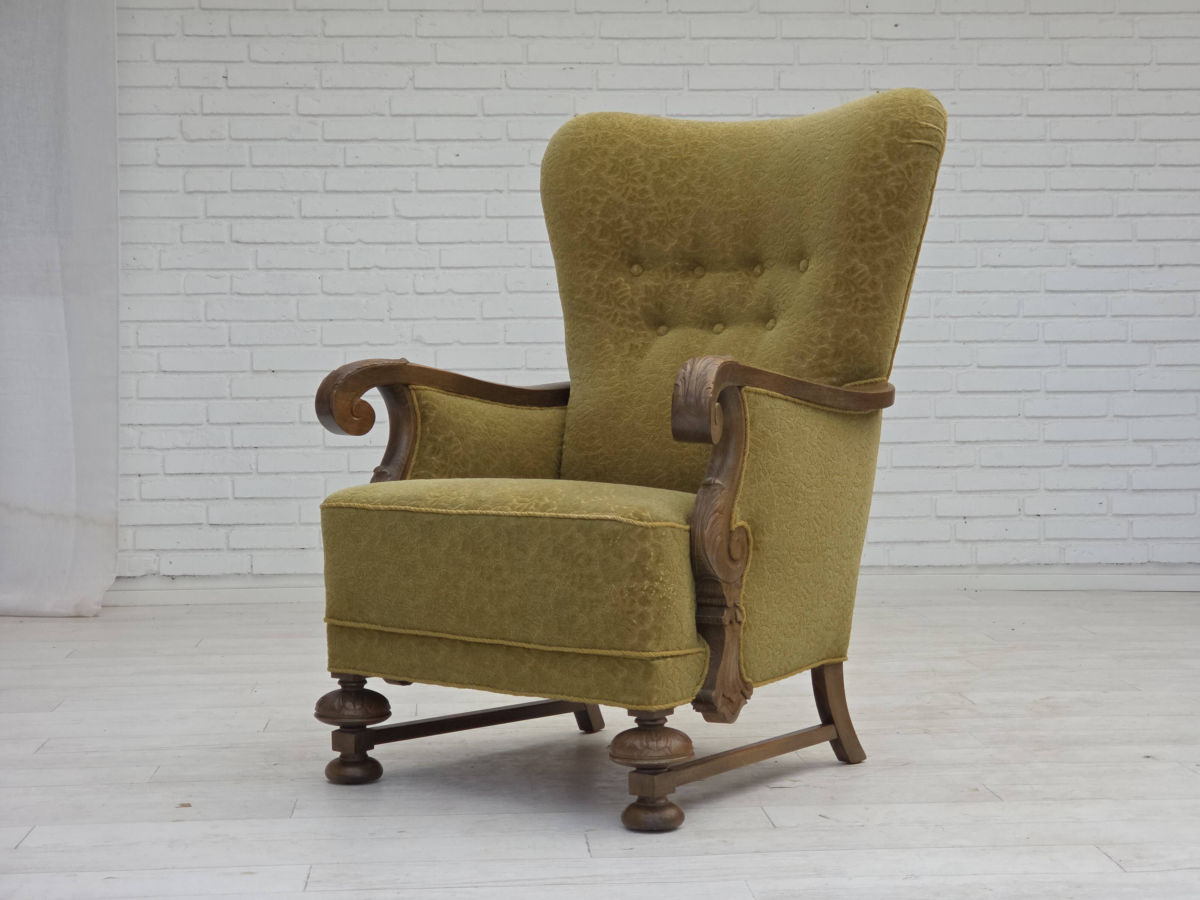 1960s, Danish highback armchair, furniture cotton/wool fabric, oak wood.
