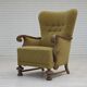1960s, Danish highback armchair, furniture cotton/wool fabric, oak wood.