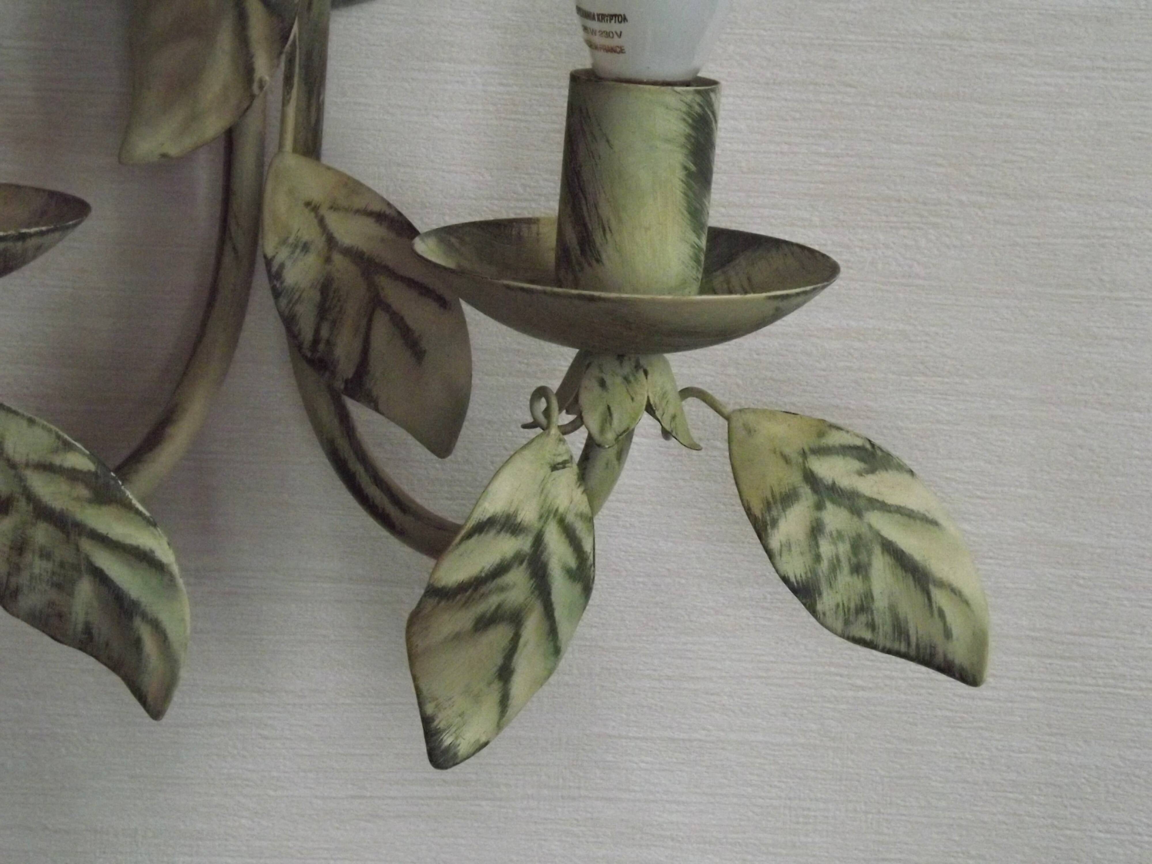 Pair of Vintage Italian Double Wall Lights Leaf Detail Green & Gold Finish