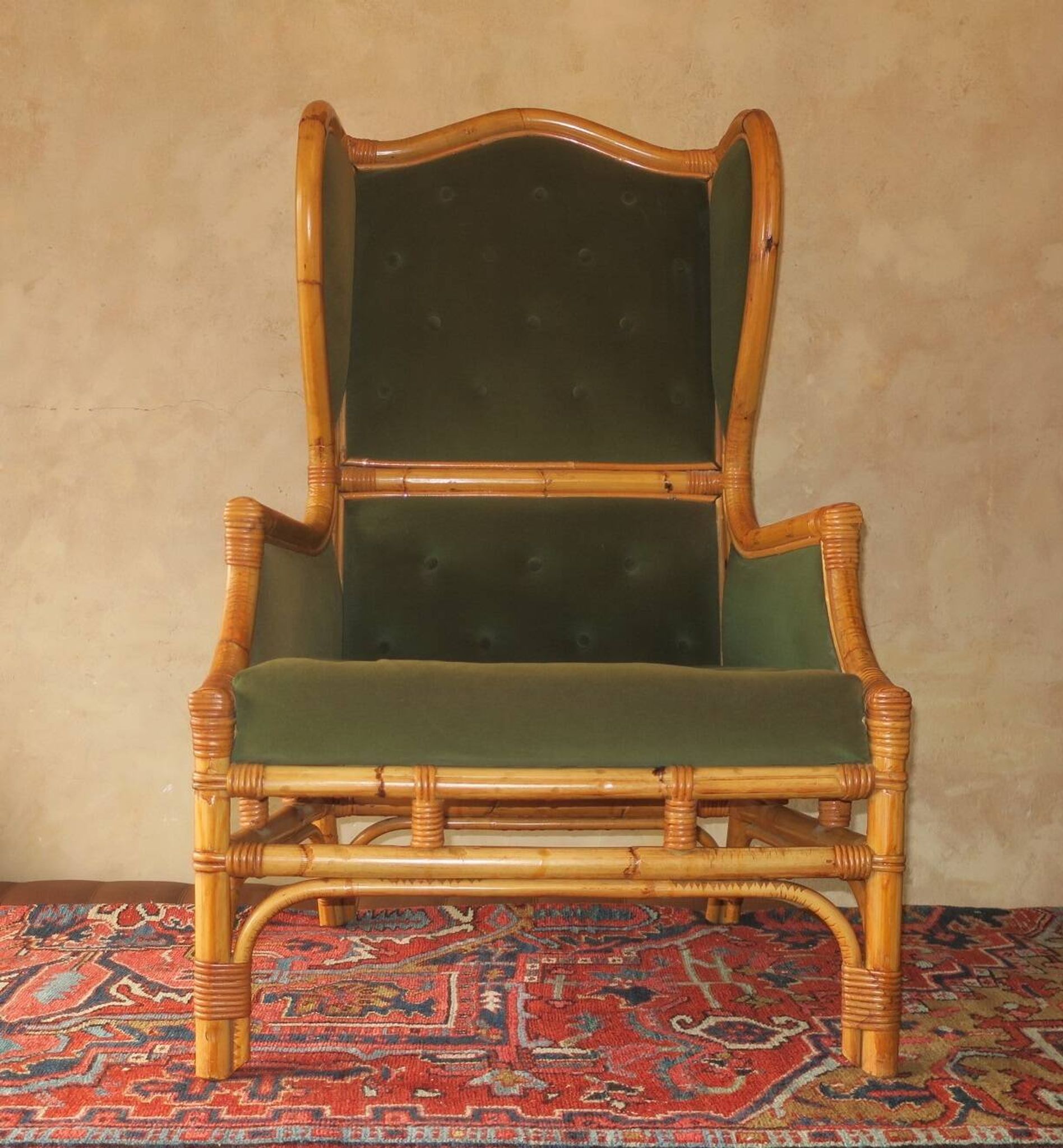 Mid-century wingback chair in bamboo and olive green, 1960s