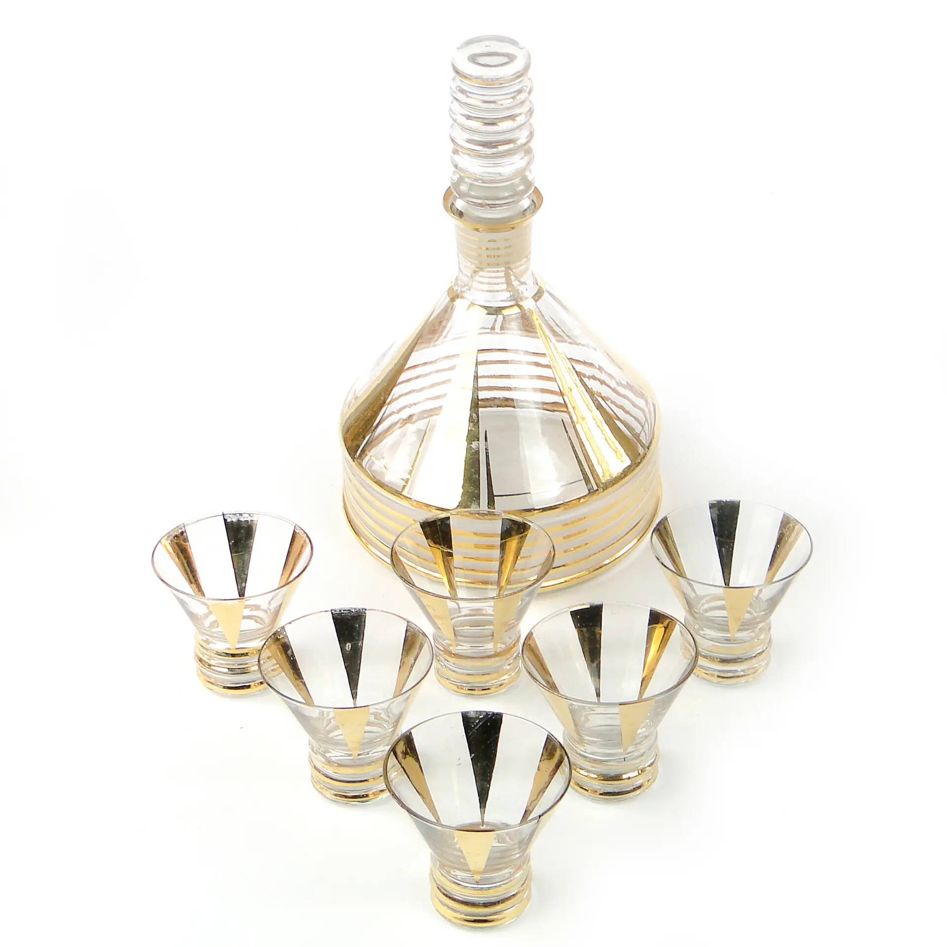 Mid-century modern liqueur set, clear gilded glass, Kamenický Šenov, Czechoslovakia, 1950s