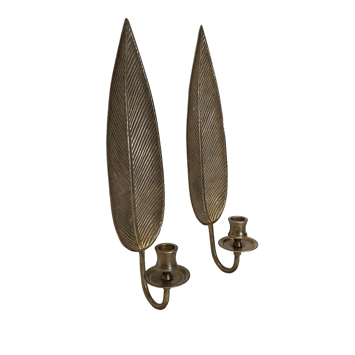 Set of 2 vintage brass wall candle holders leaf shape