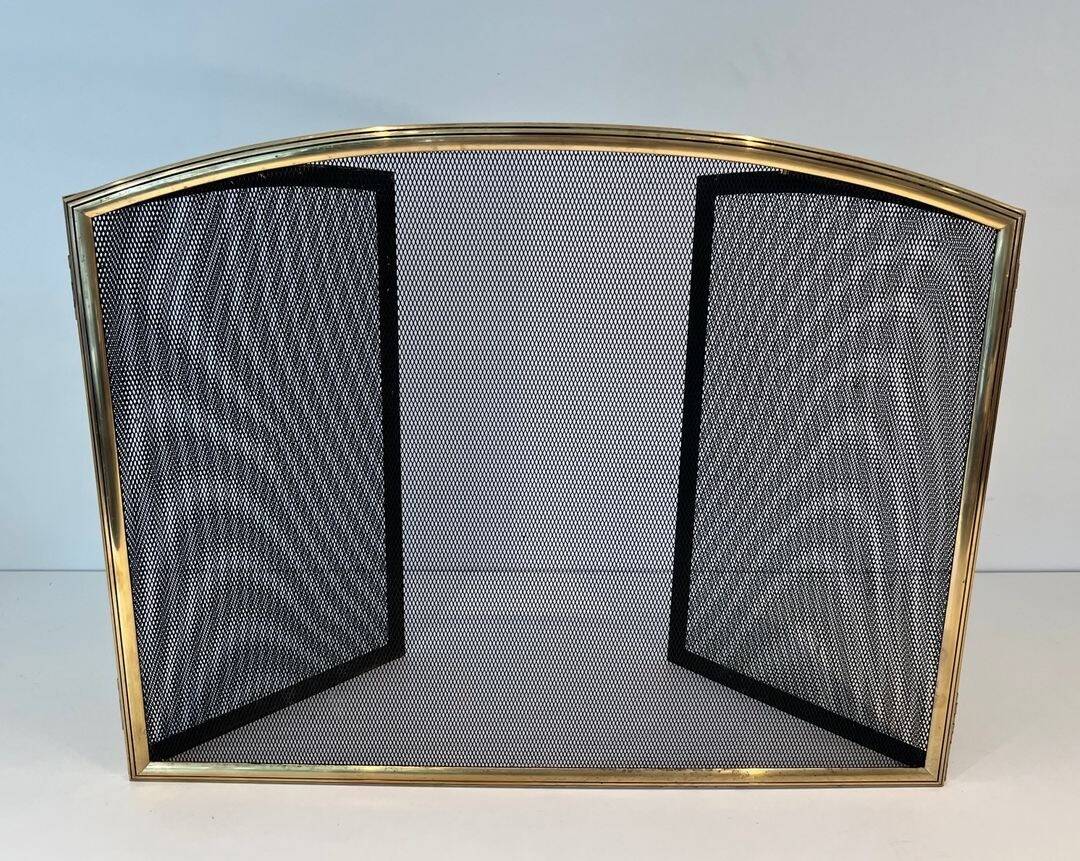Three-Panel Neoclassical Fire Screen with Wire Mesh and Brass Frame