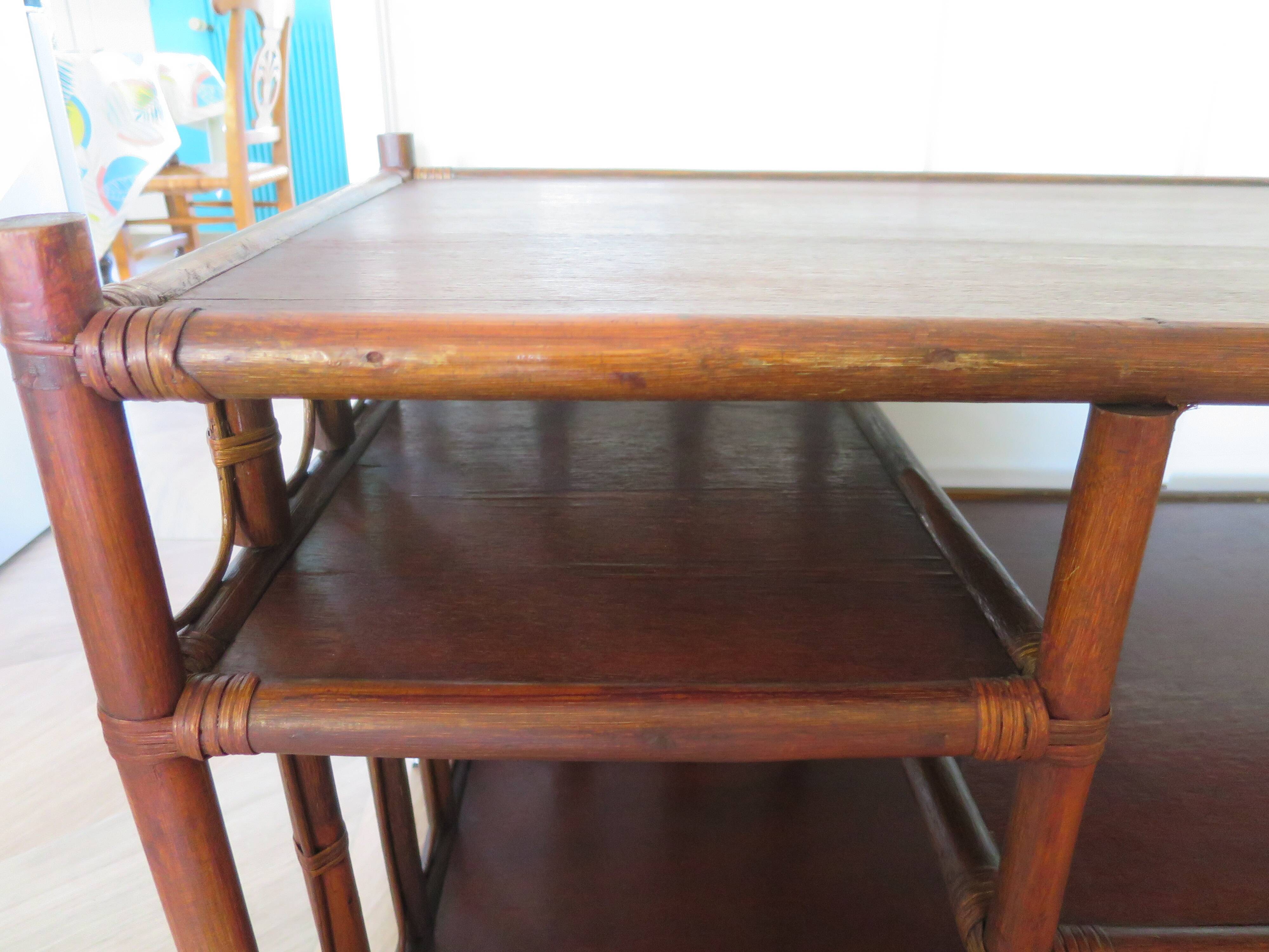 Retro side table - vinyl furniture - rattan and bamboo - 1980s
