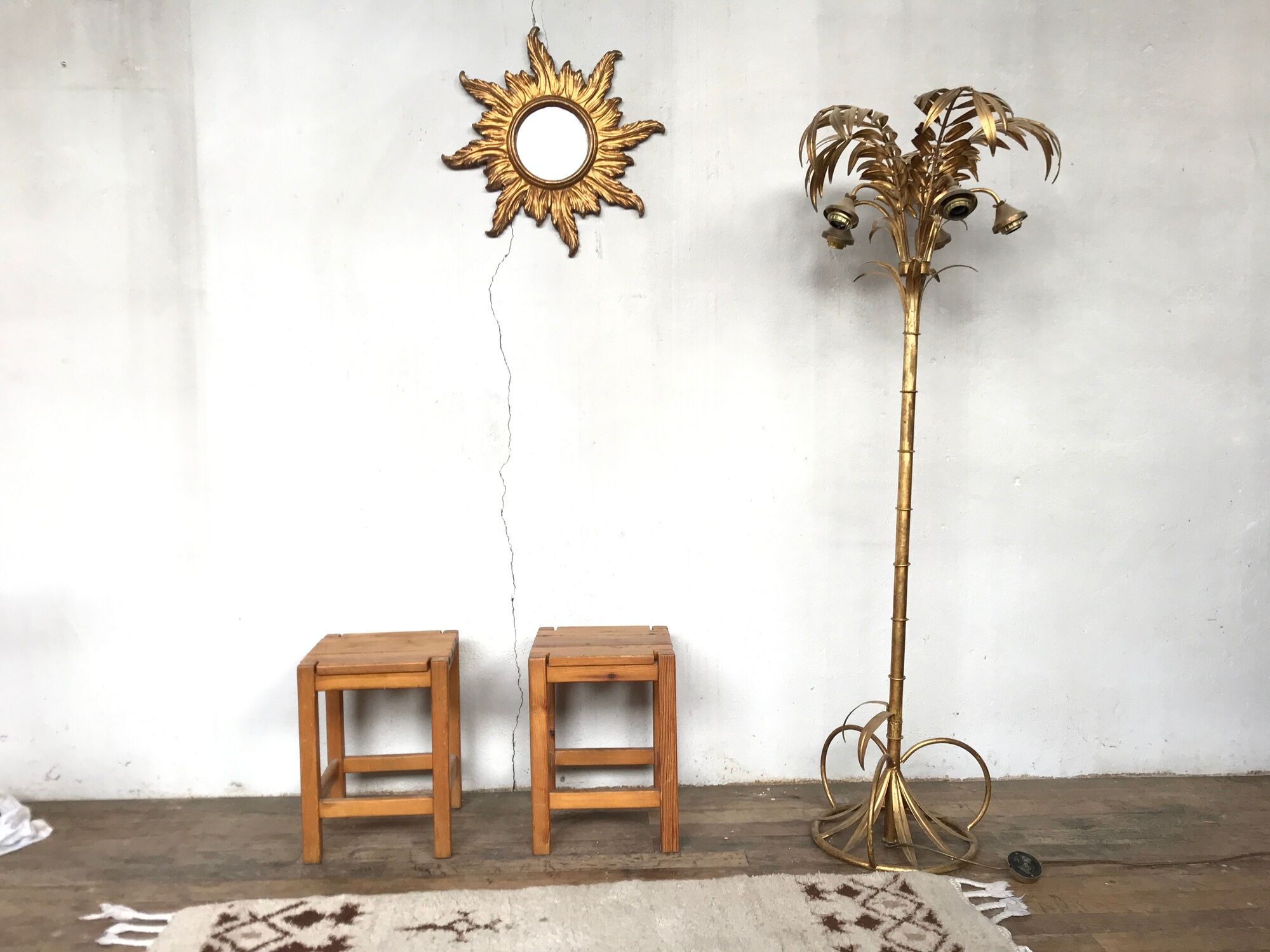 Pair Tabouret wears tripod plant solid wooden sofa tip 1950 Vintage furniture decoration