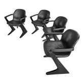 4 x Kangaroo Z-chair / Ernst Moeckl for Horn Collection 1960s / Black leather upholstery