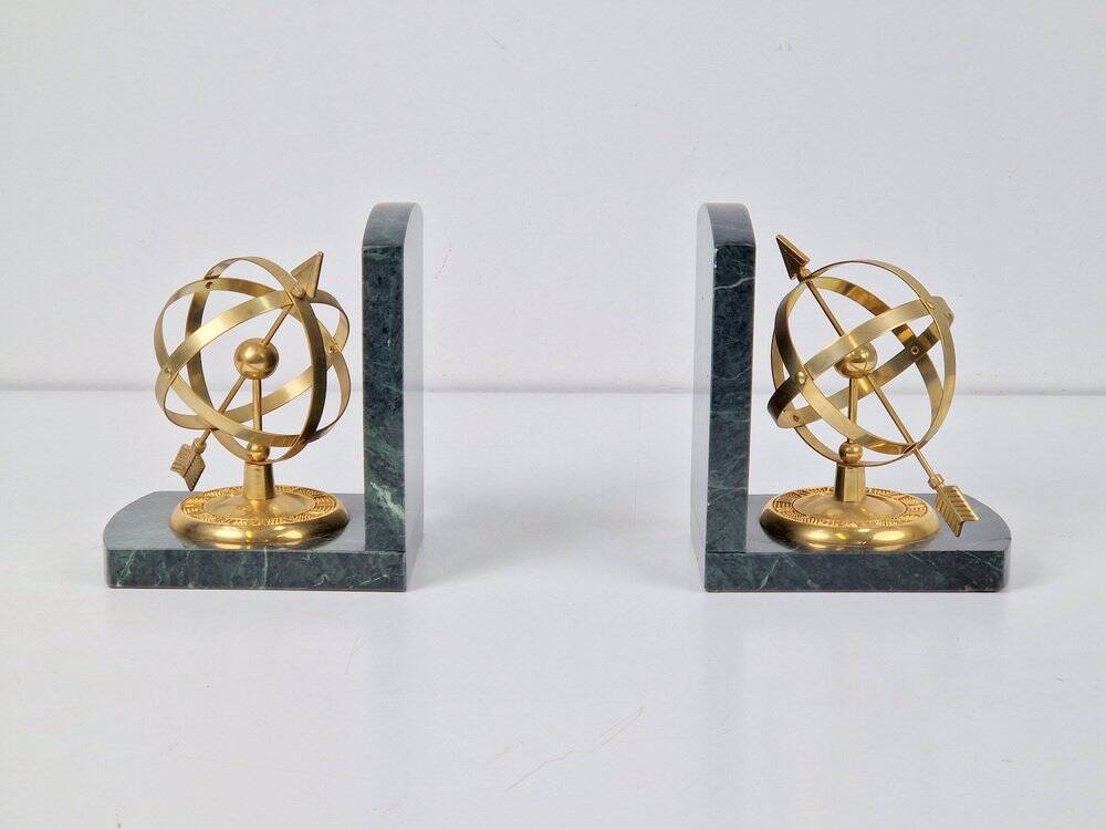 Nautical Brass & Marble Sundial Bookends, Set of 2