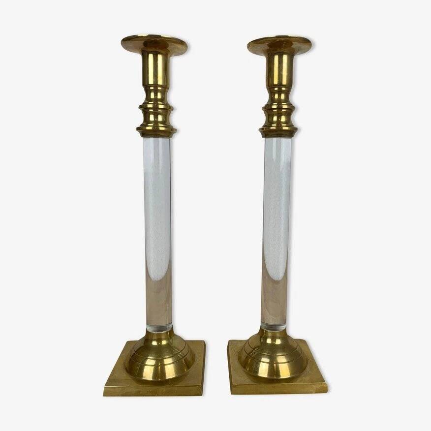Pair of plexiglass and brass candlesticks by Estrid Ericson, vintage