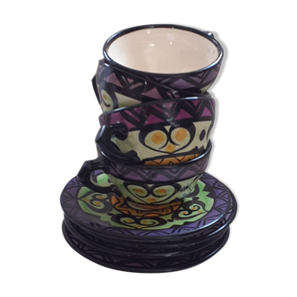 Set de 4 tasses et soucoupes en faience de St Jean de Bretagne.Peintes main.Annèes 50.