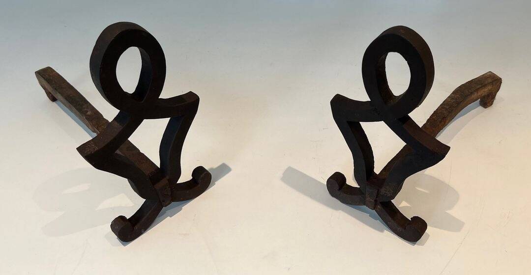 Pair of Modernist Andirons in Cast Iron with Stylised Figure Supports, by Ray