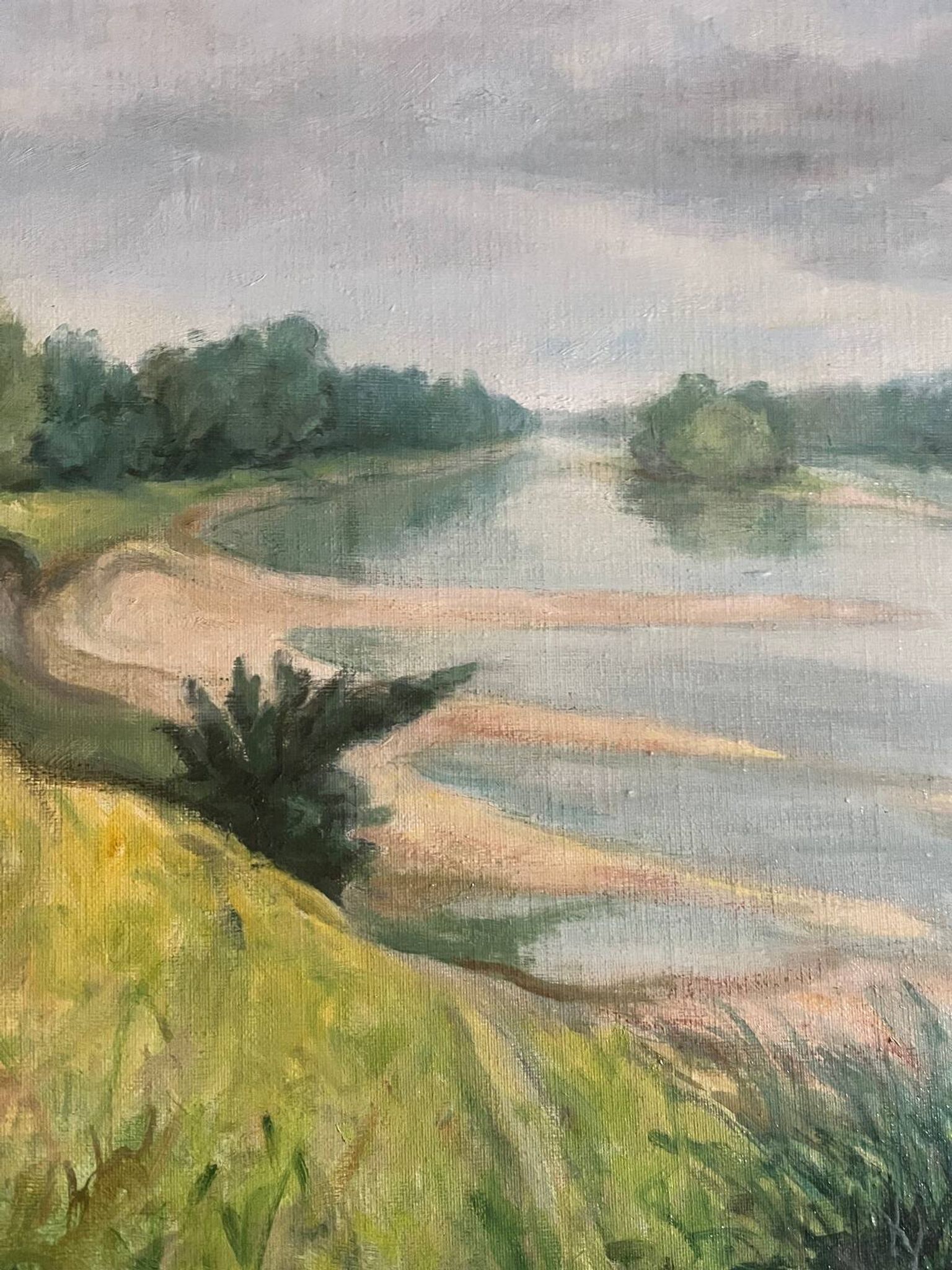 Tableau HST "Tree-lined riverbank" signed early 20th century