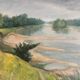 Oil painting on canvas, "Tree-lined Riverbank," signed, 20th century