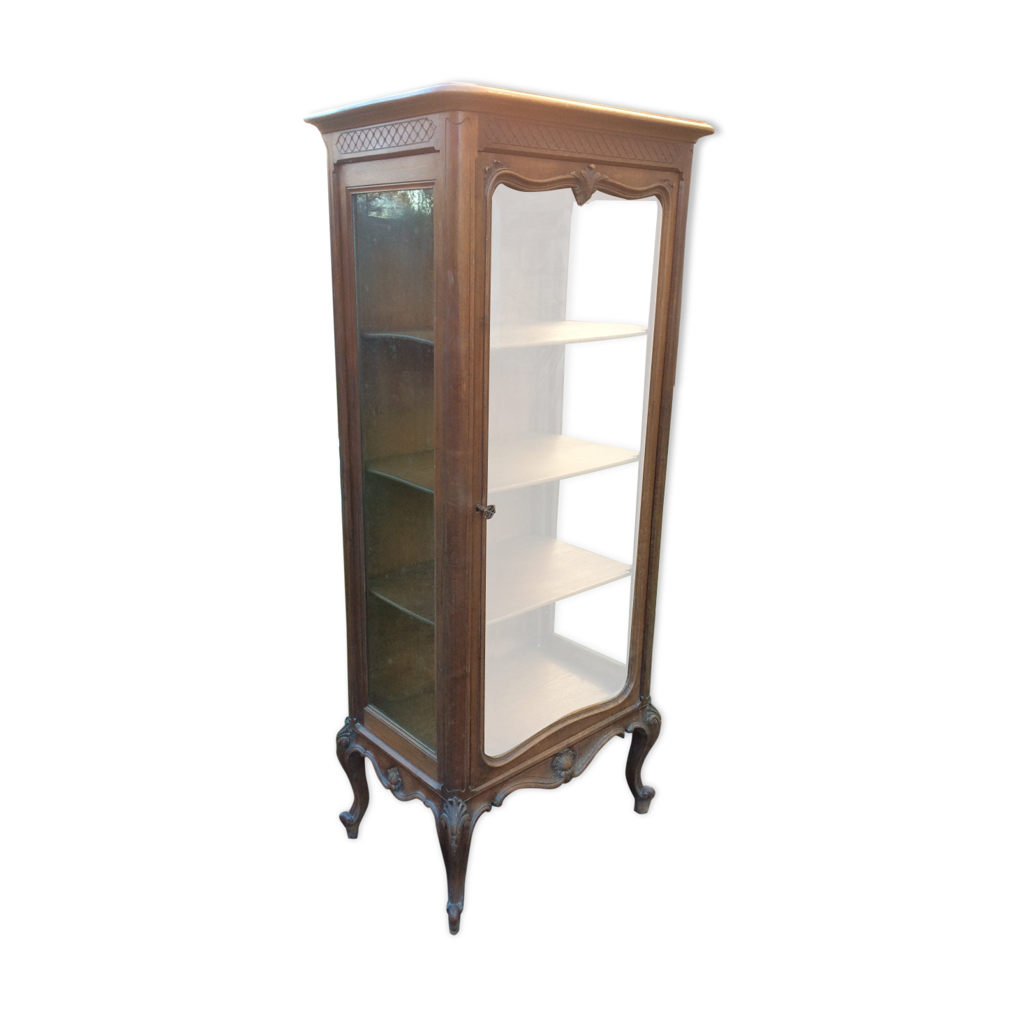 Louis XV Rocaille style showcase in solid walnut, beveled door glass.