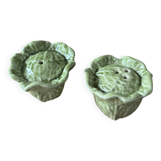 Ensemble salière et poivrier en barbotine feuilles de choux