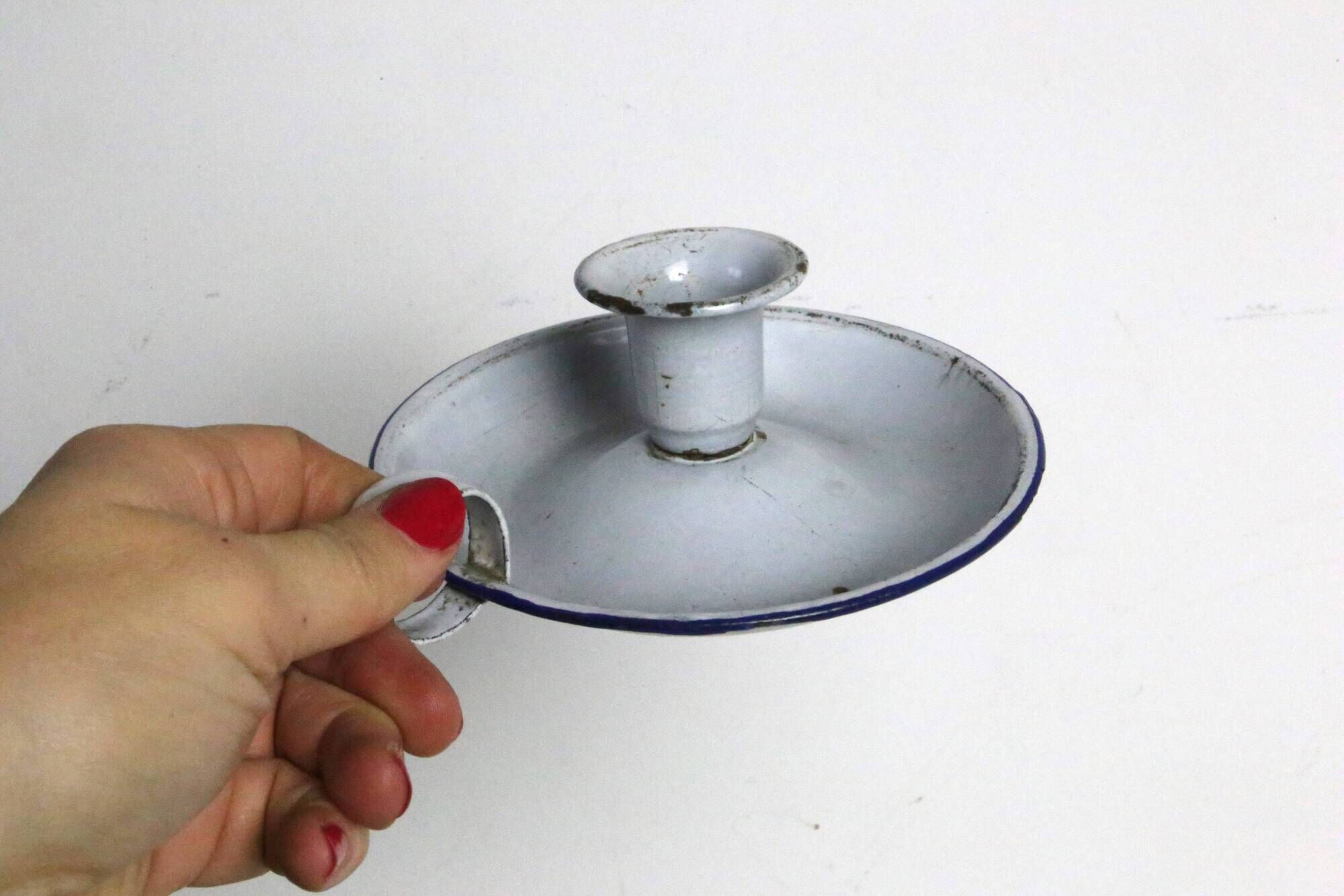 Gray and blue cellar rat candle holder, enameled metal, vintage