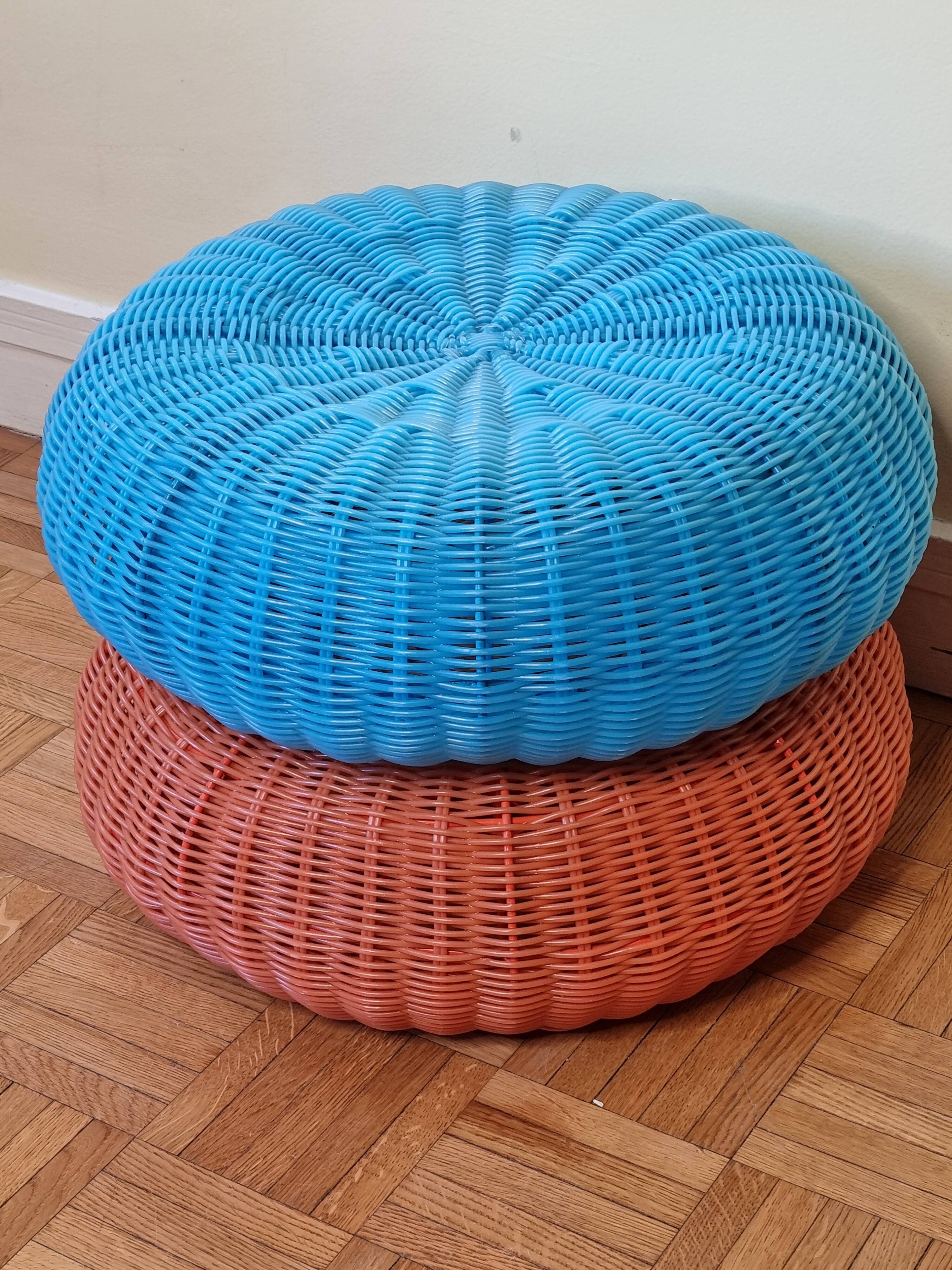 Pair of vintage blue and orange Ikea poufs, 80s