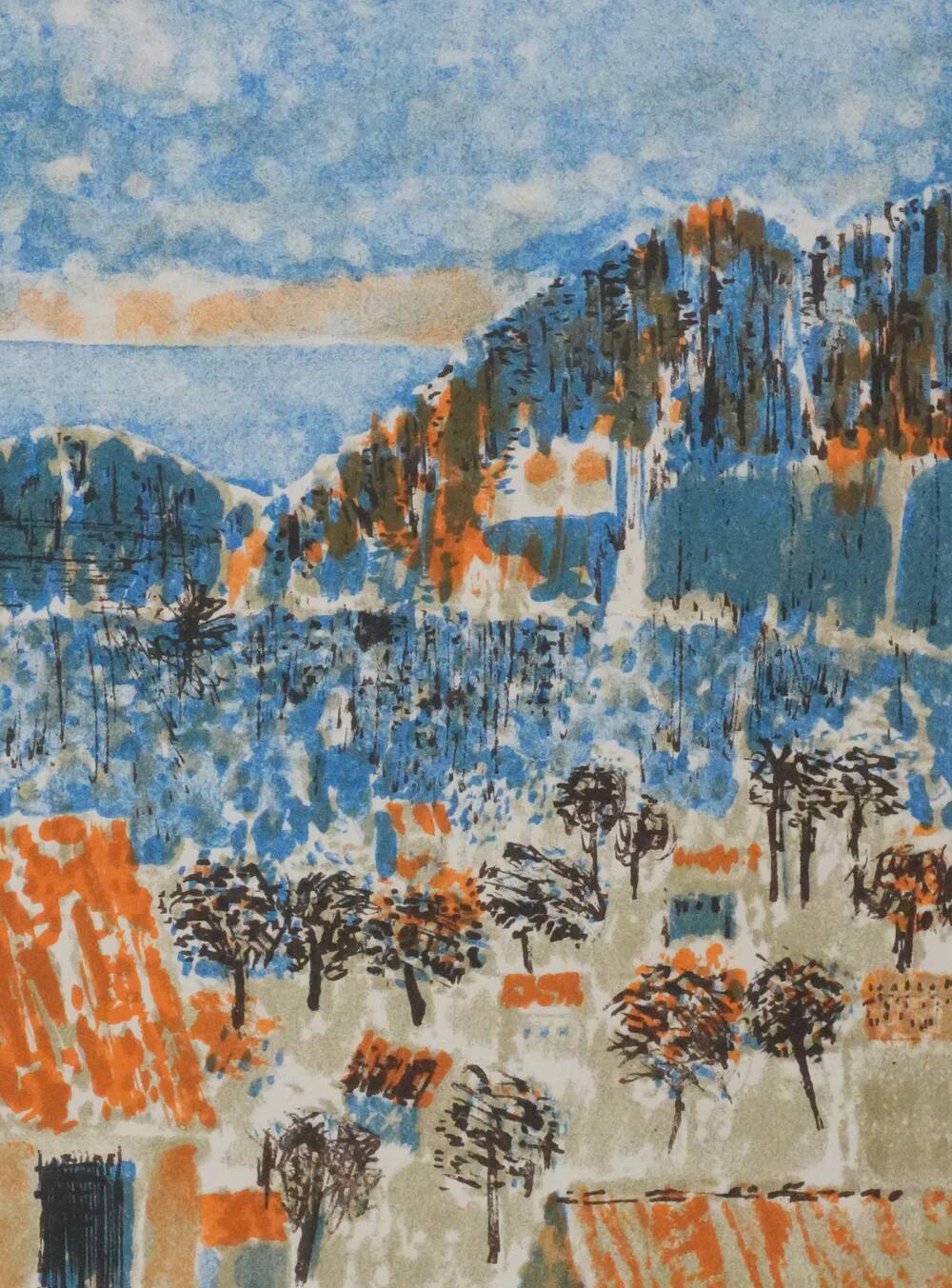 Guy Bardone: Night on the Orange Rooftops, original signed lithograph.