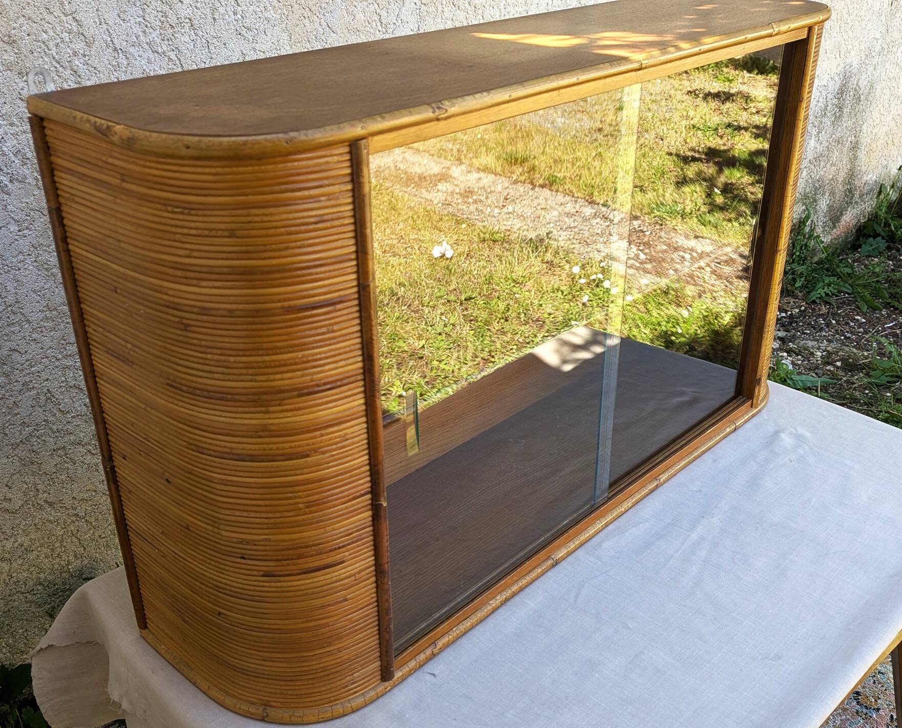 Vintage Glass Wall Shelf in Wood and Rattan, Rounded Corners