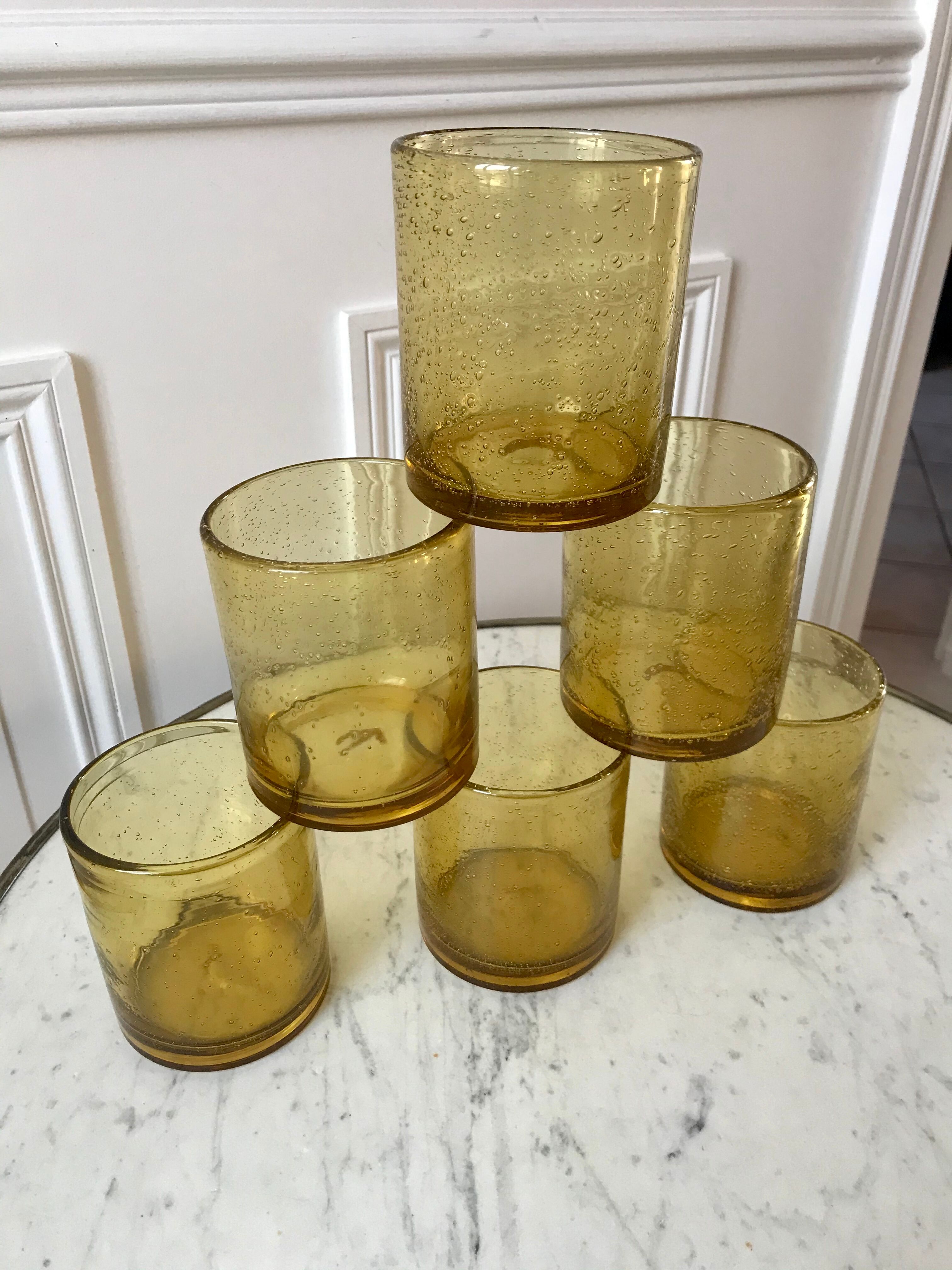 Set of 6 yellow bubble glass water glasses 70s