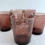 5 gobelets à eau en verre bullé violet vintage
