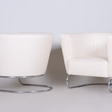 White leather Halabala armchairs made in 1930s Czechia - Fully restored