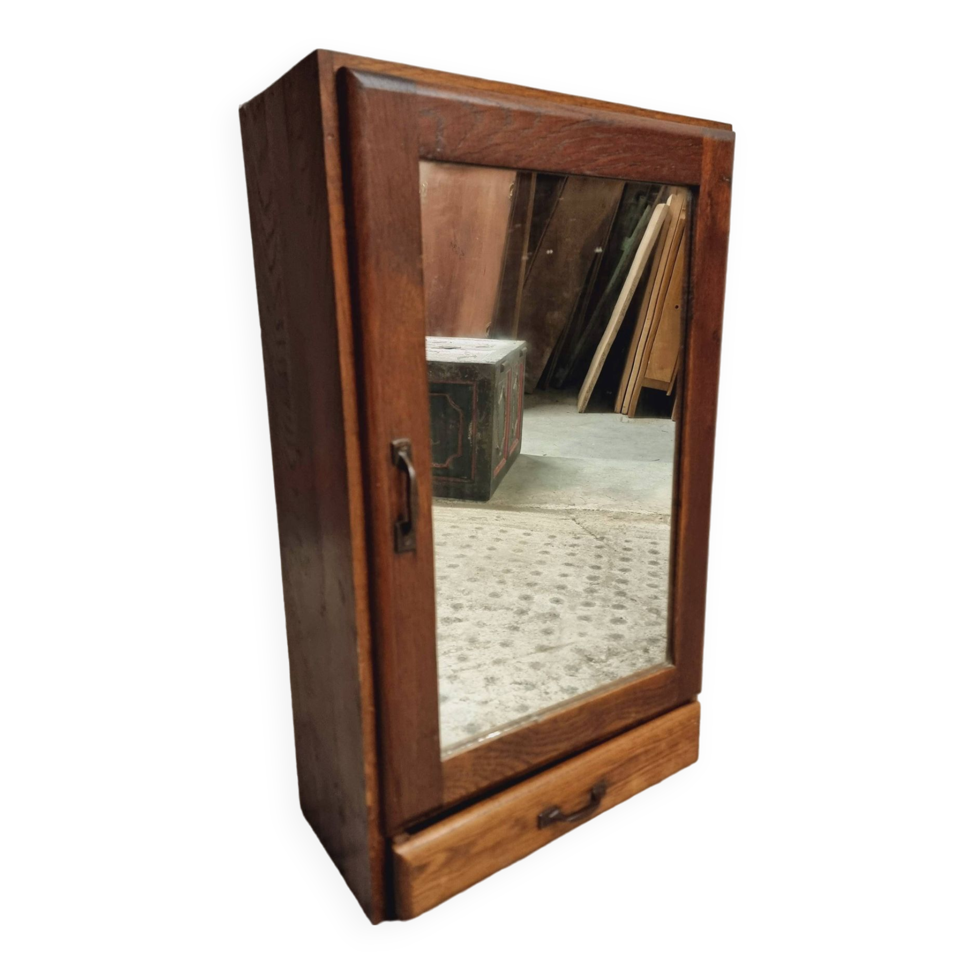 Old hanging cupboard medicine cabinet with mirror and drawer