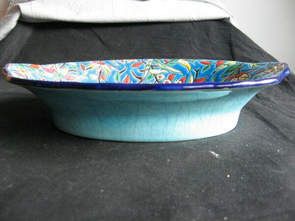 Panière émaux de Longwy décor fond bleu turquoise et fleurs