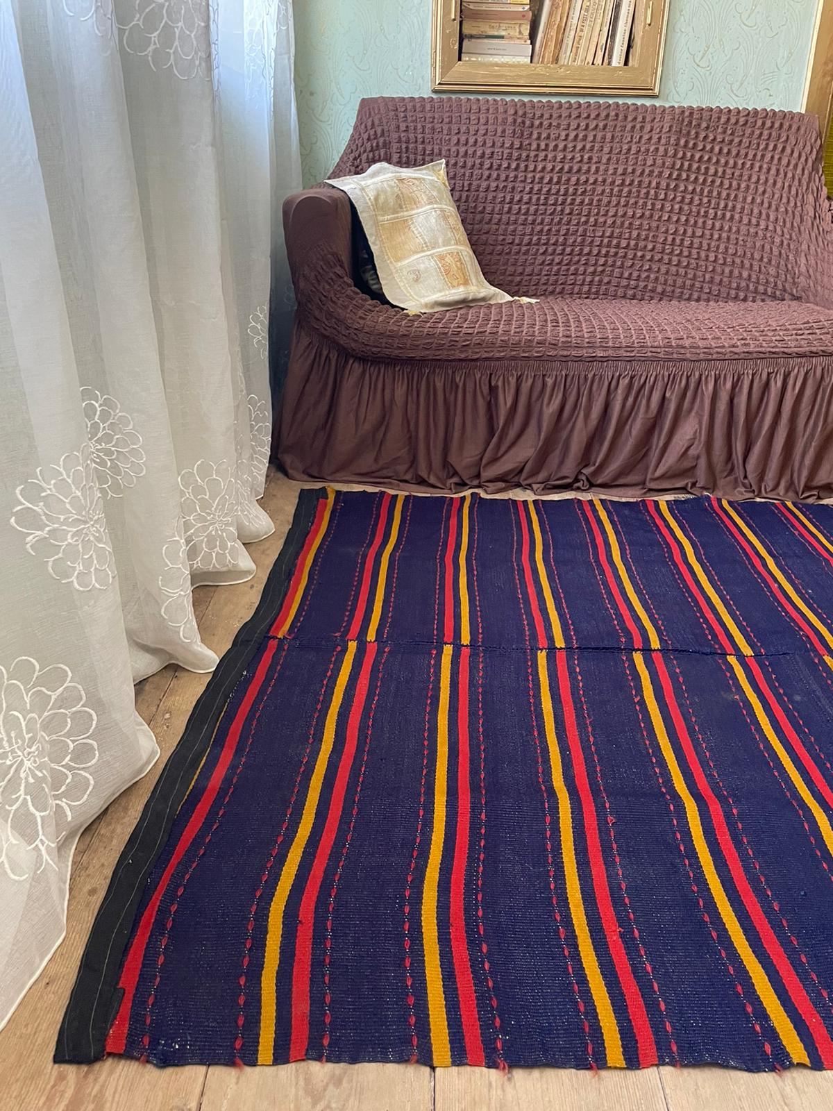 Romanian rug handwoven in wool, purple background with red and yellow stripes 183x133cm